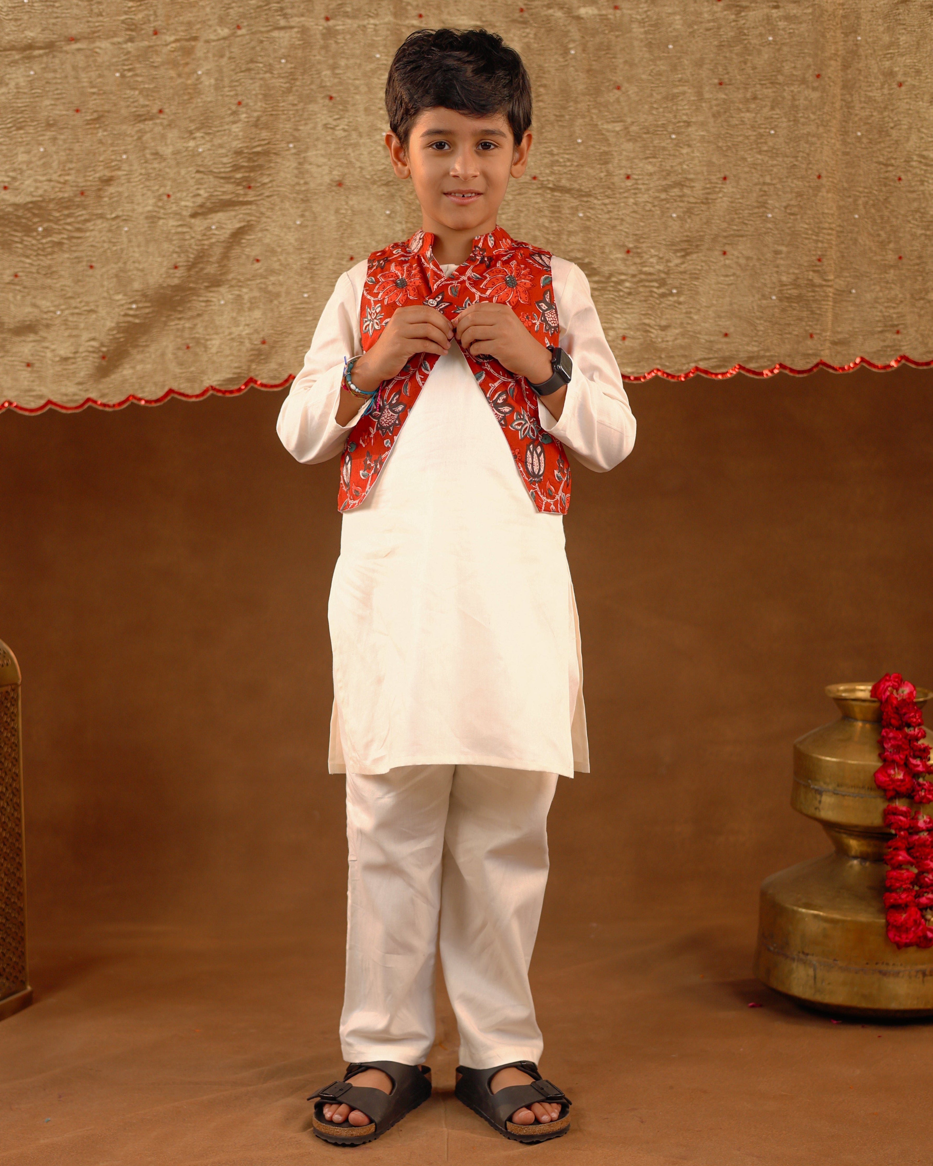 Red Printed Jacket Kurta Set