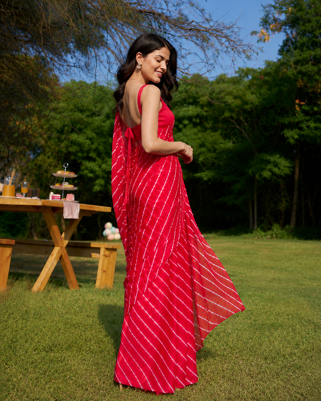 Ruhani Red Lehariya Chiffon Saree