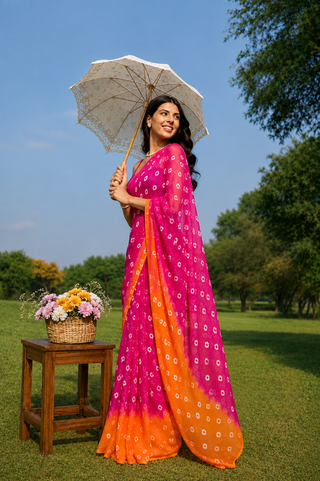 Aavya Yellow Pink Bandhani Chiffon Saree