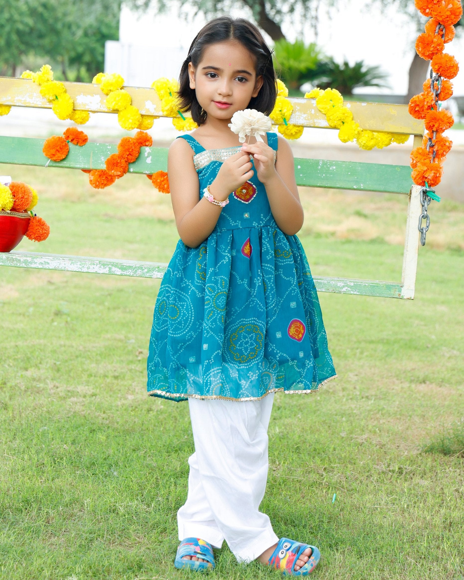 Girls Blue Short  Bandhej Kurta Set