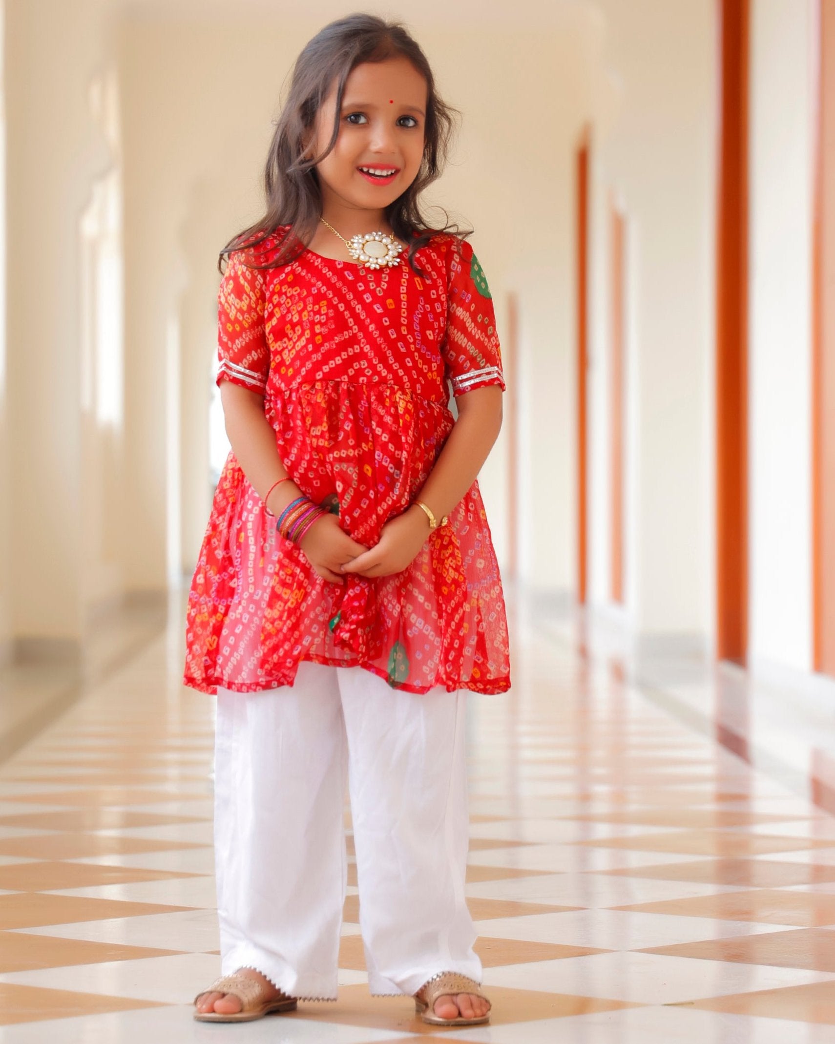 Kids Gorgeous Red Bandhani Kurta Set