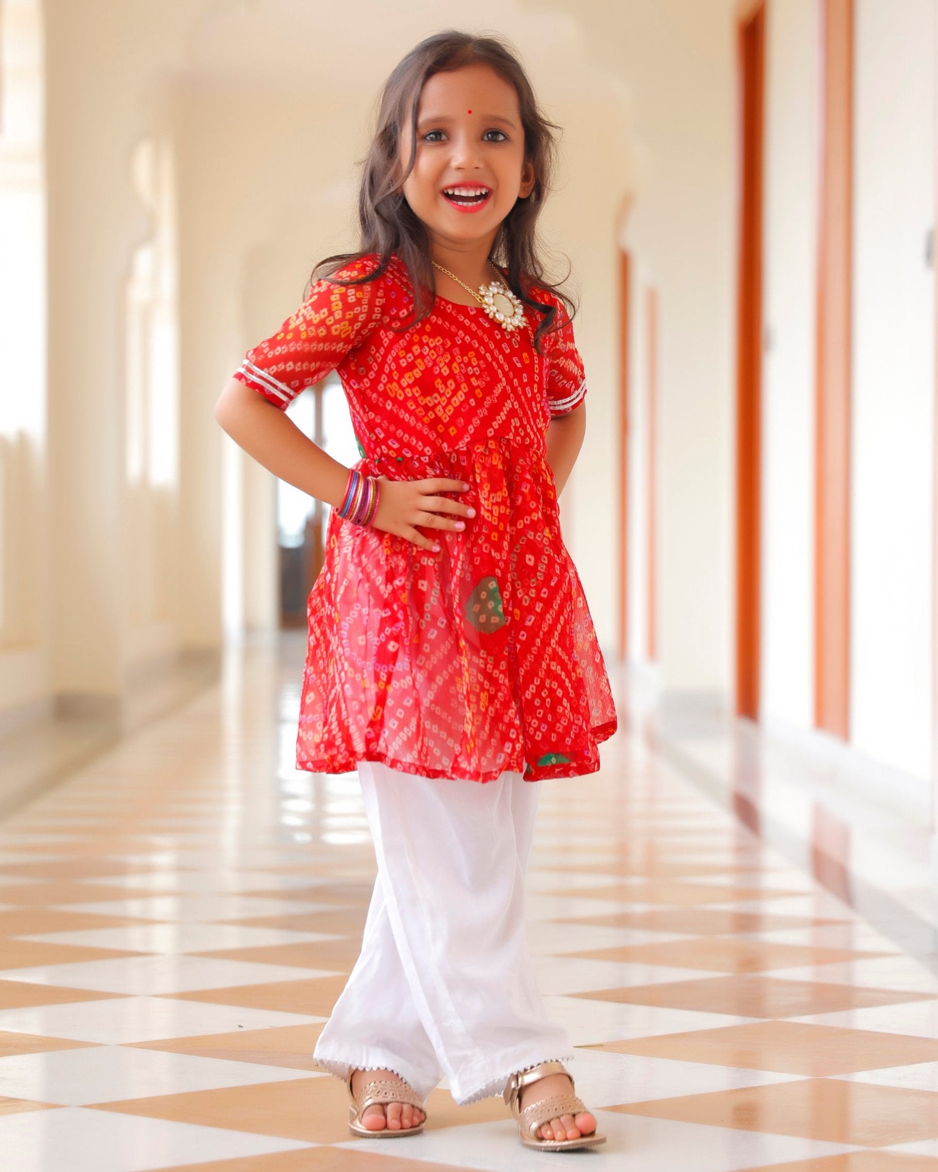 Kids Gorgeous Red Bandhani Kurta Set