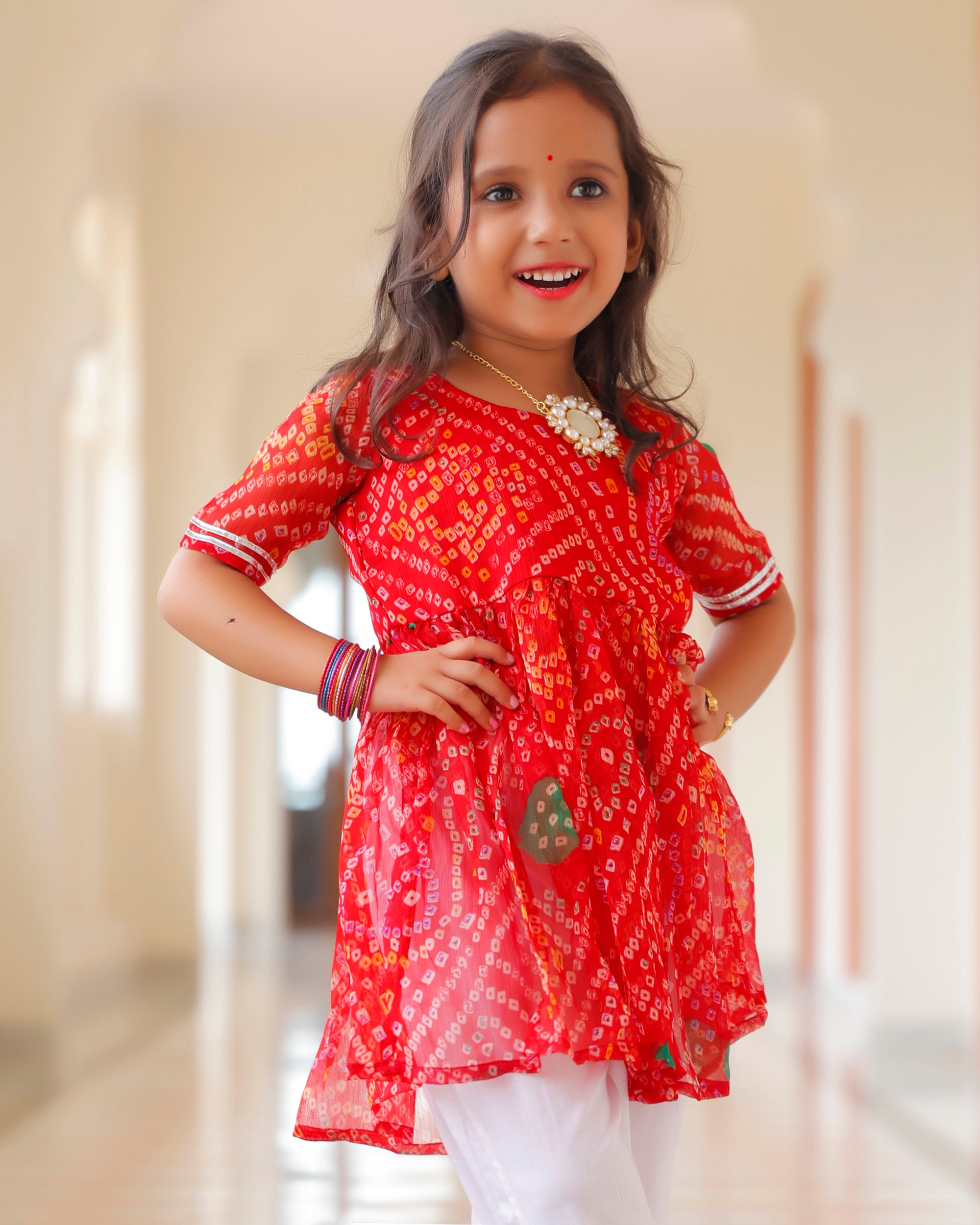 Kids Gorgeous Red Bandhani Kurta Set