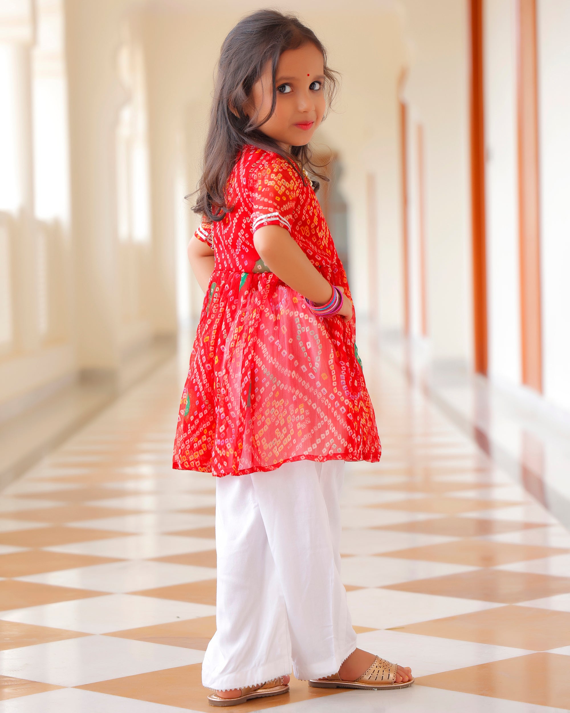 Kids Gorgeous Red Bandhani Kurta Set