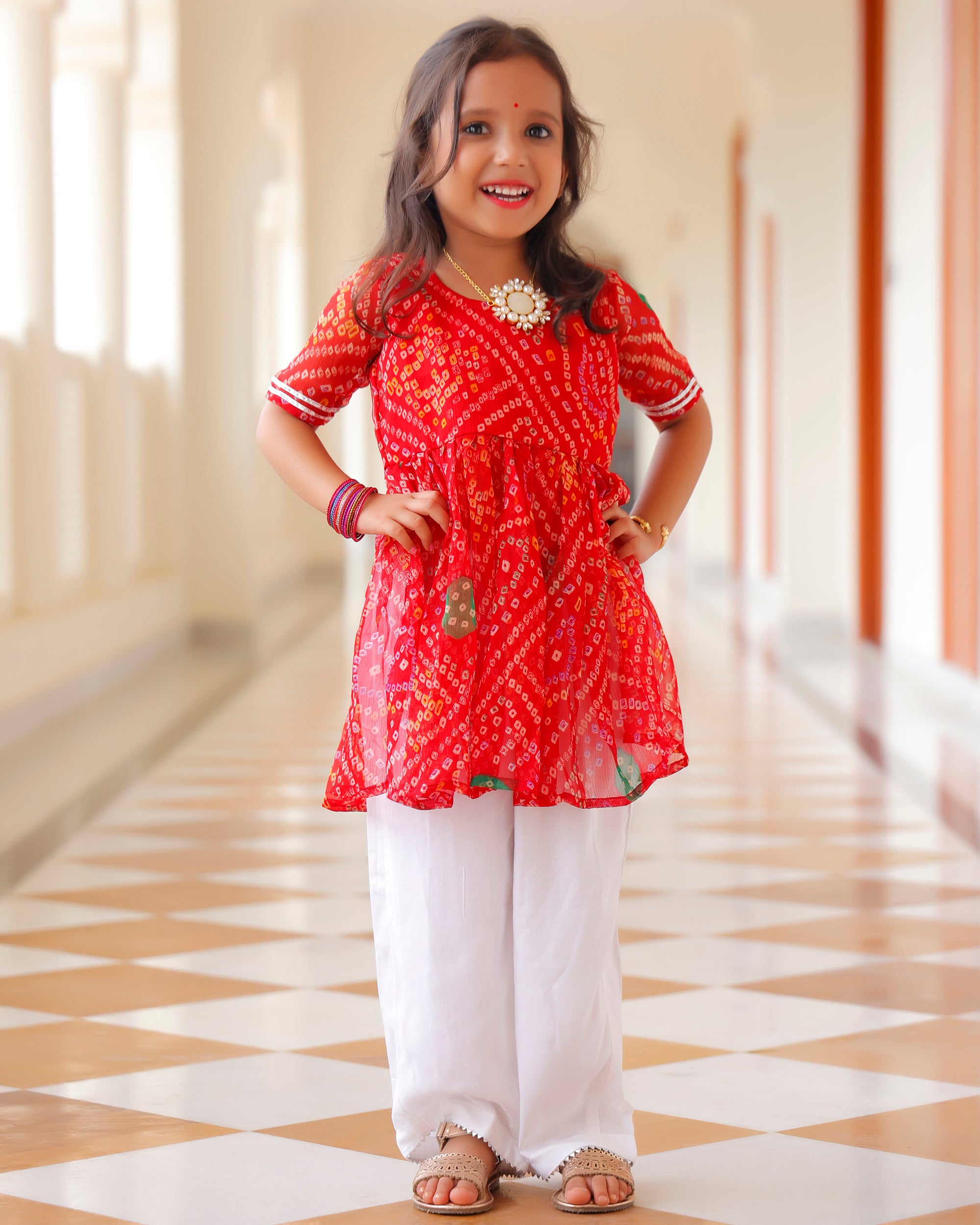 Kids Gorgeous Red Bandhani Kurta Set