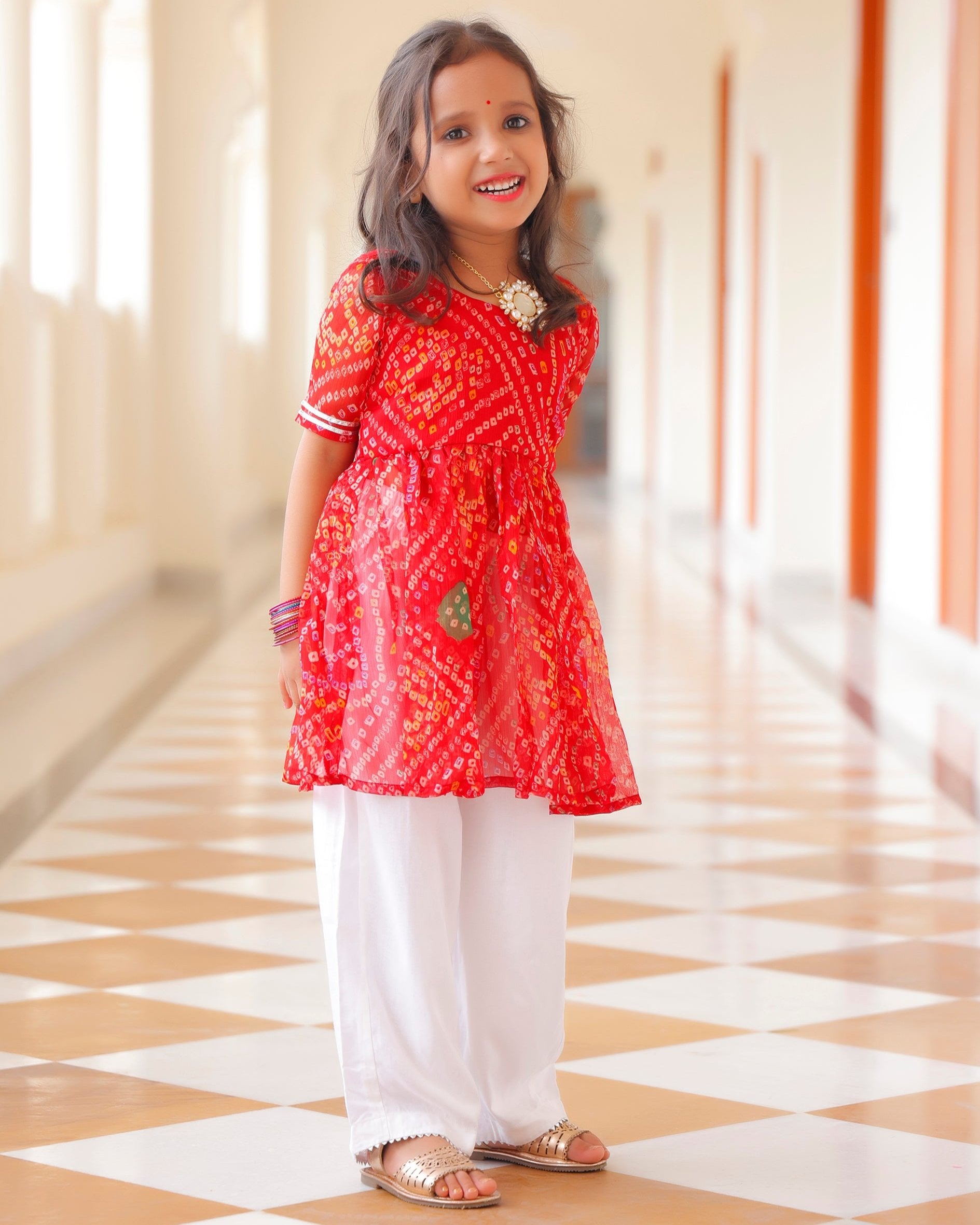 Kids Gorgeous Red Bandhani Kurta Set