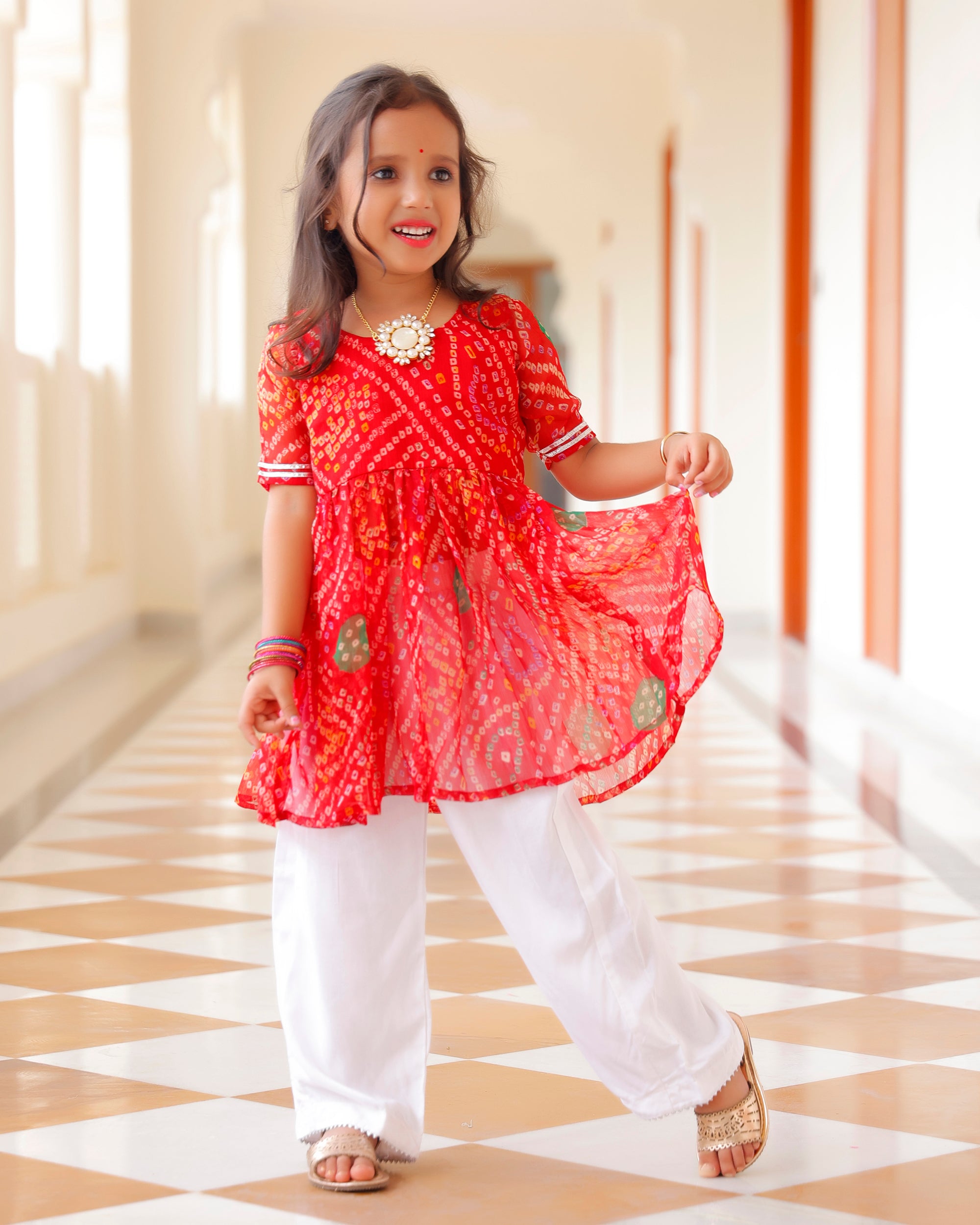 Kids Gorgeous Red Bandhani Kurta Set