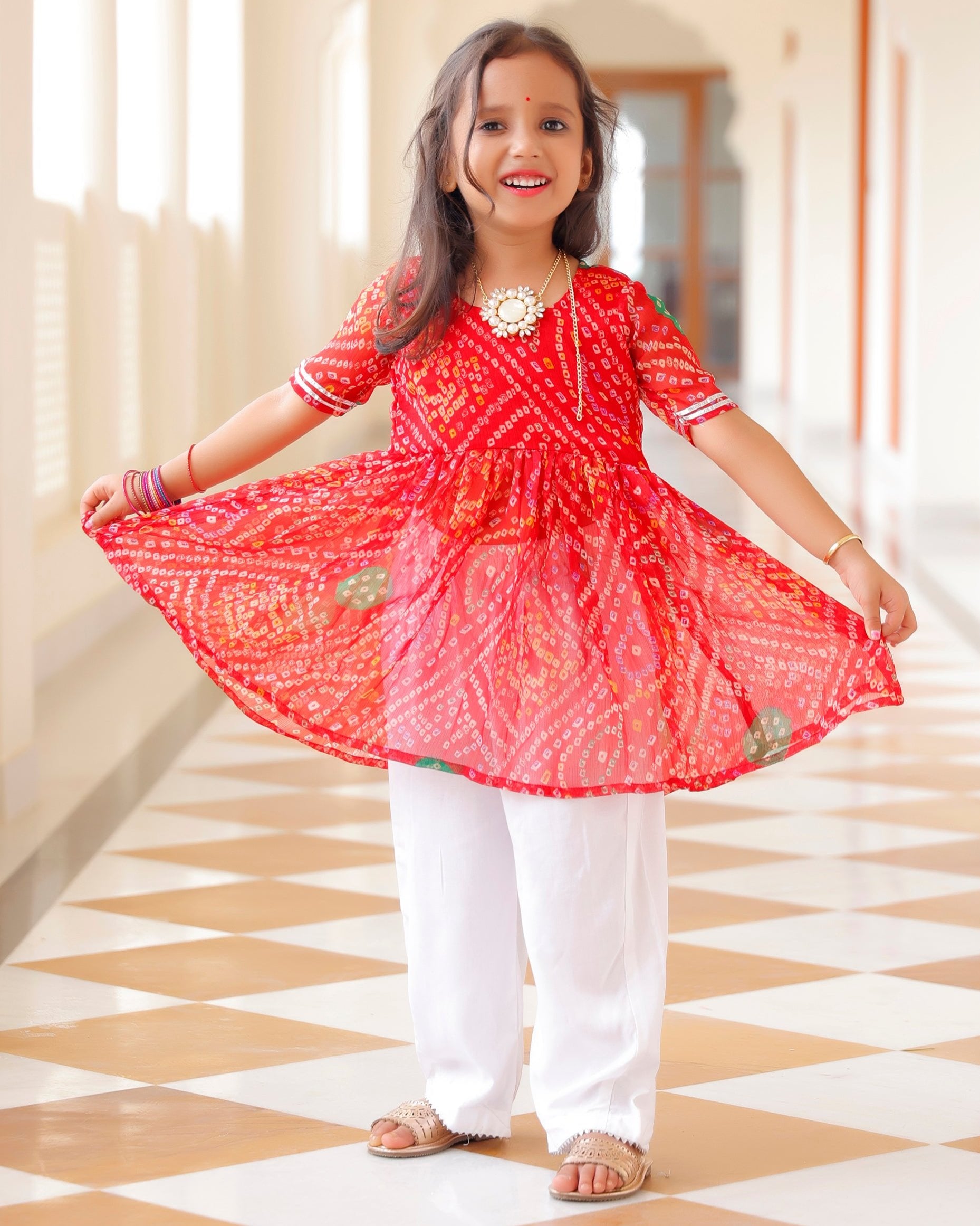 Kids Gorgeous Red Bandhani Kurta Set