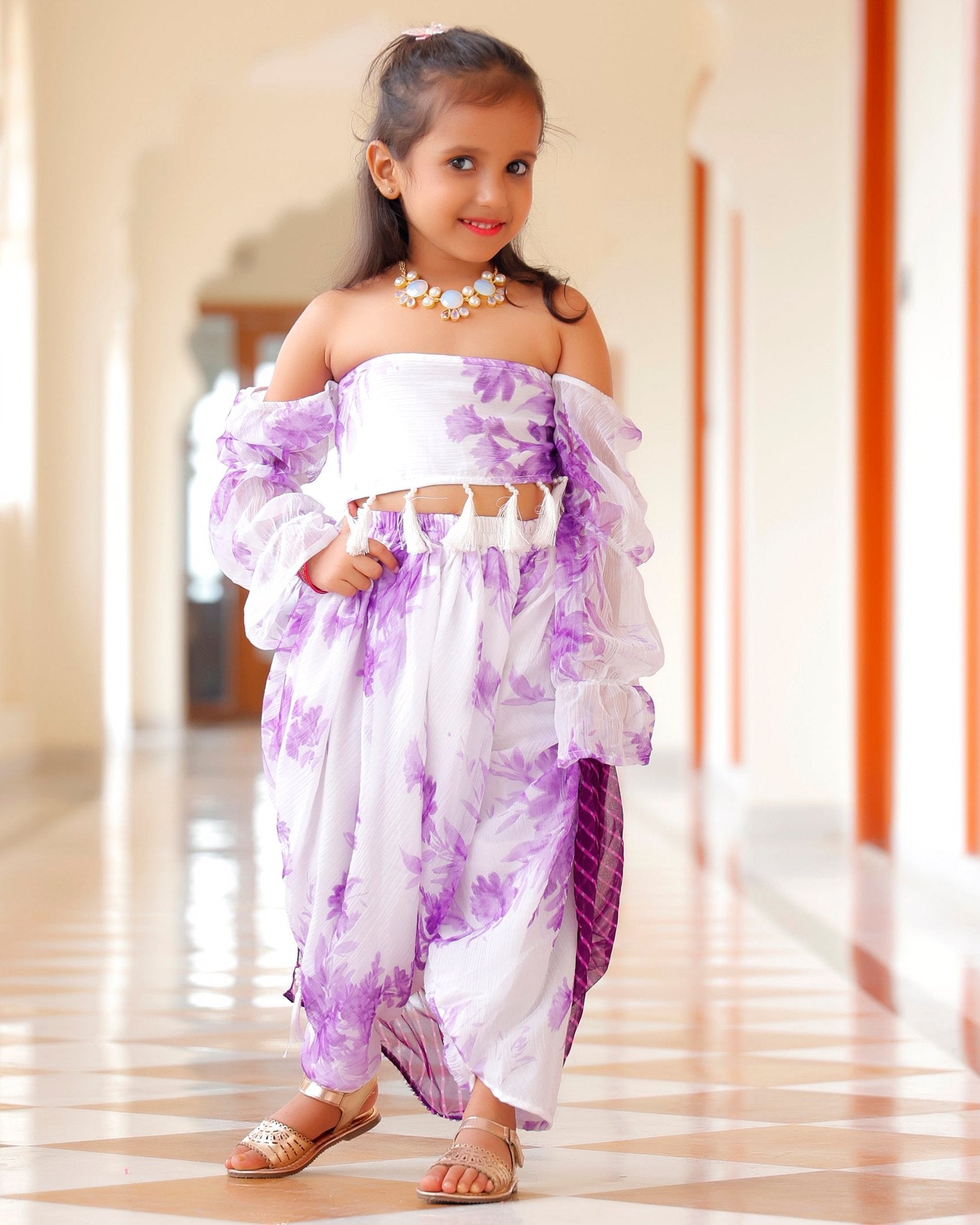 Kids Liliac Floral Dhoti Saree