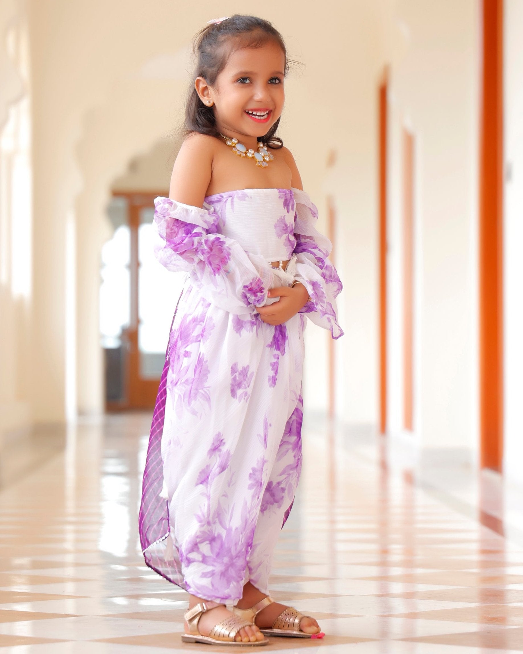 Kids Liliac Floral Dhoti Saree