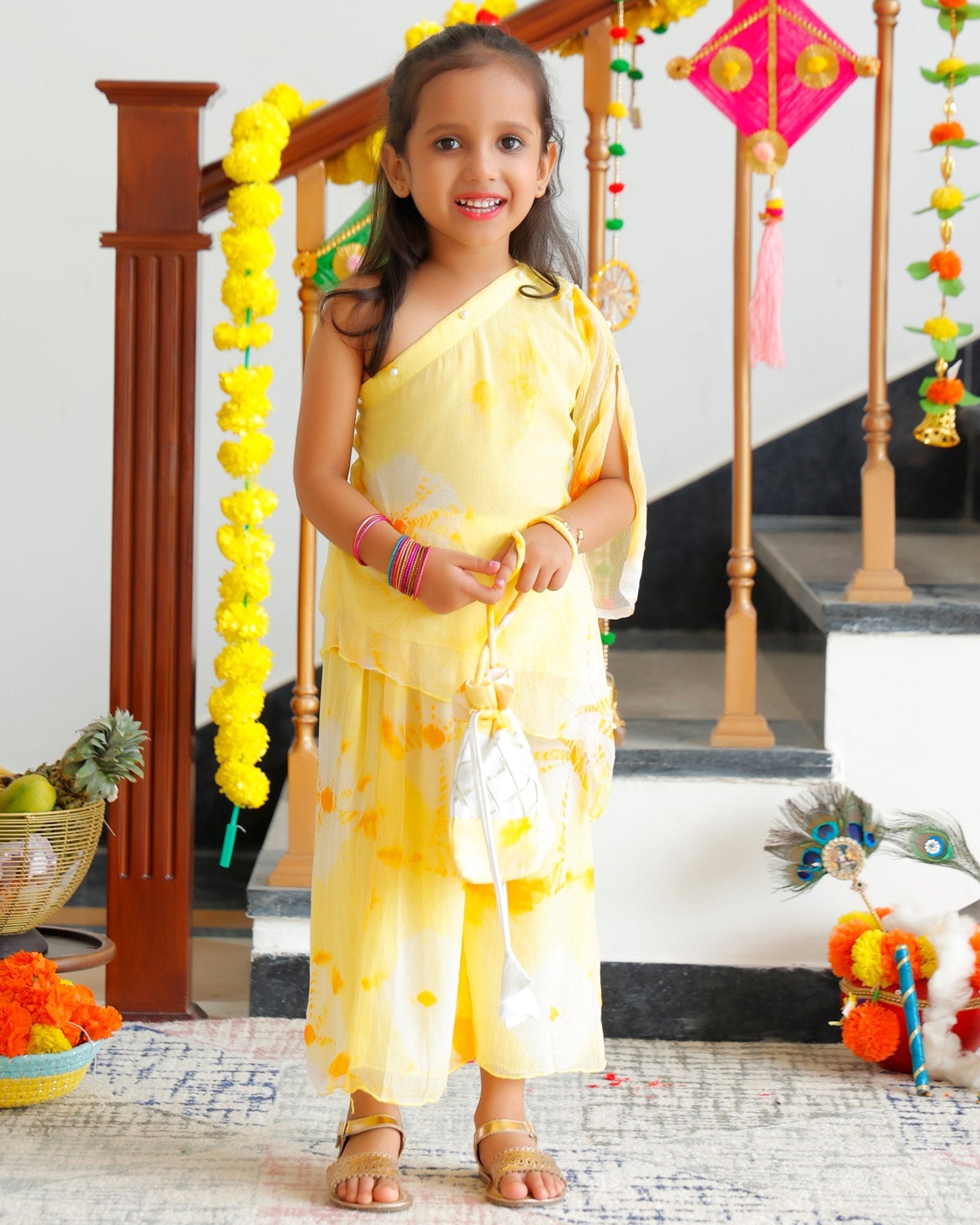 Kids Tulip Yellow One Shoulder Kurta & Palazzo with Potli