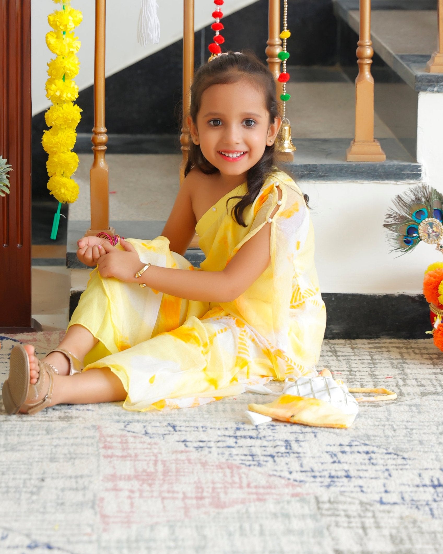 Kids Tulip Yellow One Shoulder Kurta & Palazzo with Potli