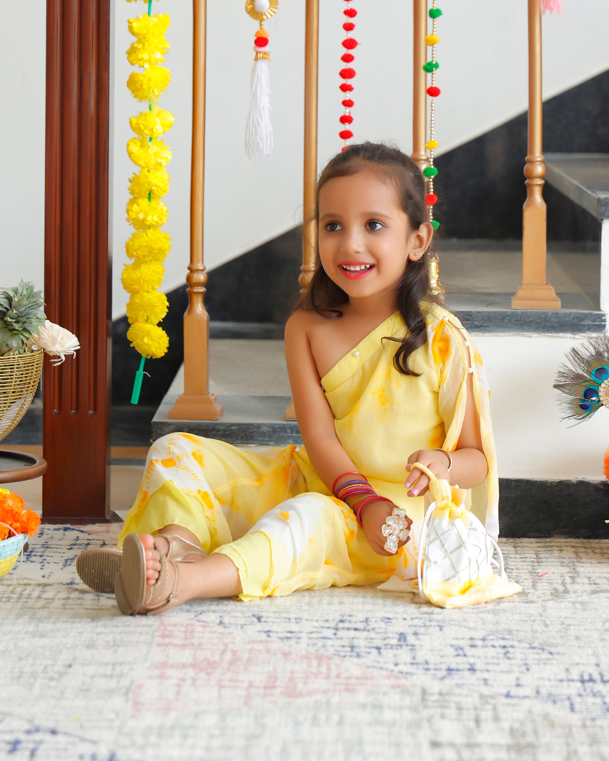 Kids Tulip Yellow One Shoulder Kurta & Palazzo with Potli