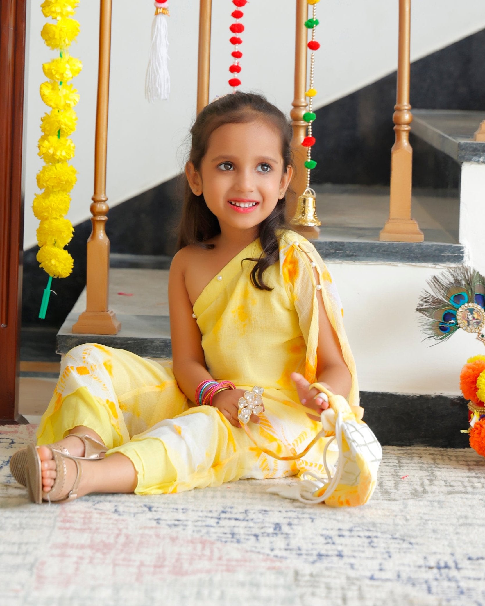 Kids Tulip Yellow One Shoulder Kurta & Palazzo with Potli