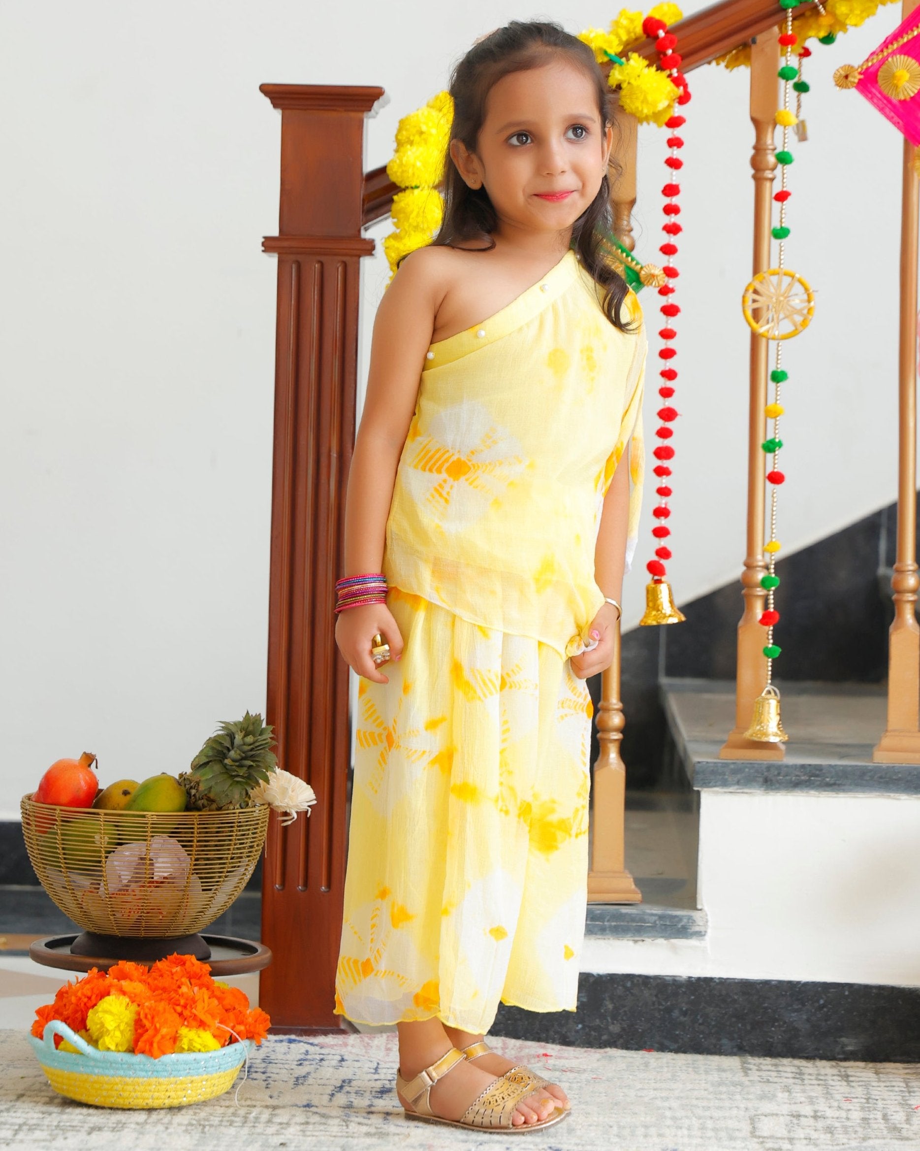 Kids Tulip Yellow One Shoulder Kurta & Palazzo with Potli