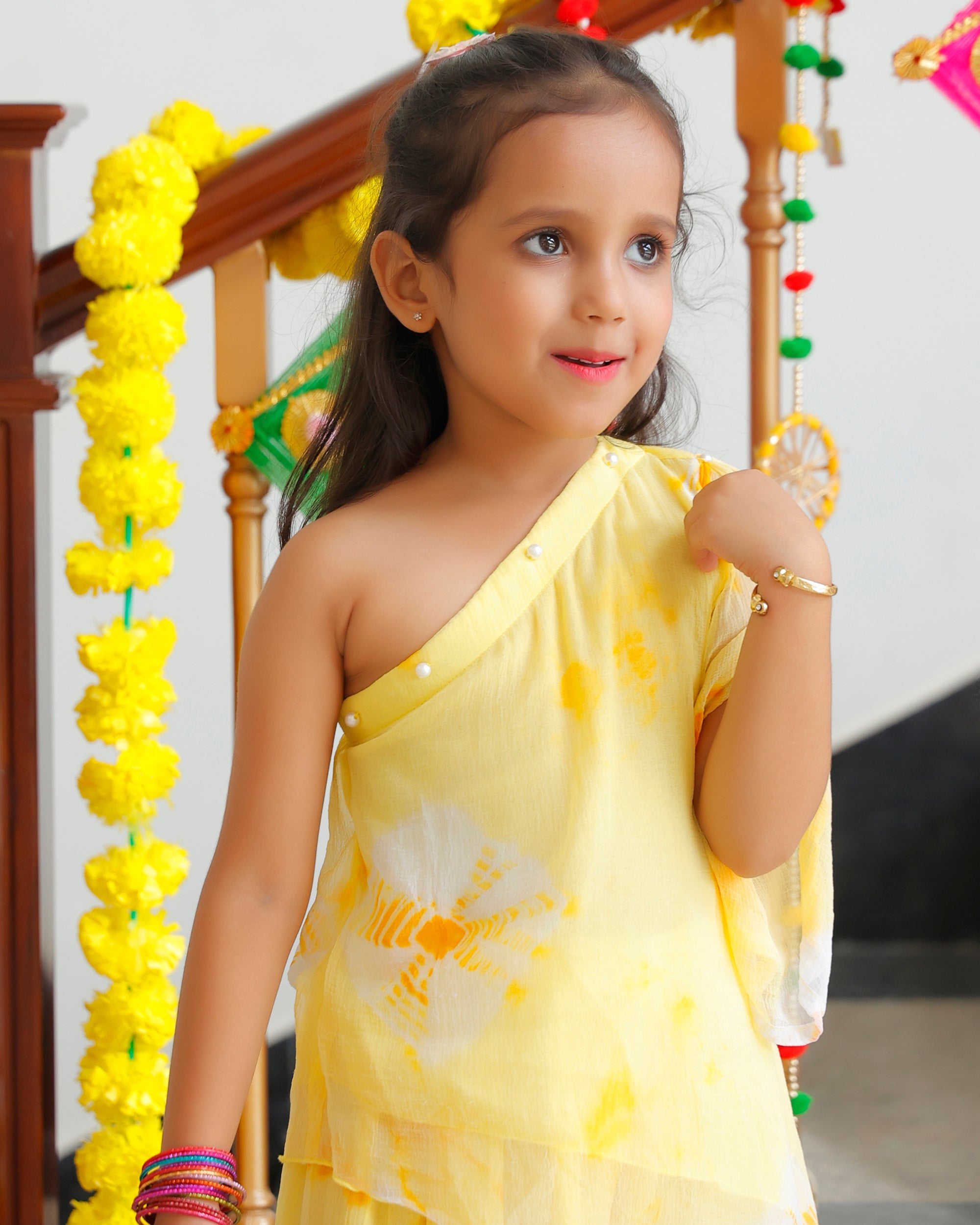 Kids Tulip Yellow One Shoulder Kurta & Palazzo with Potli