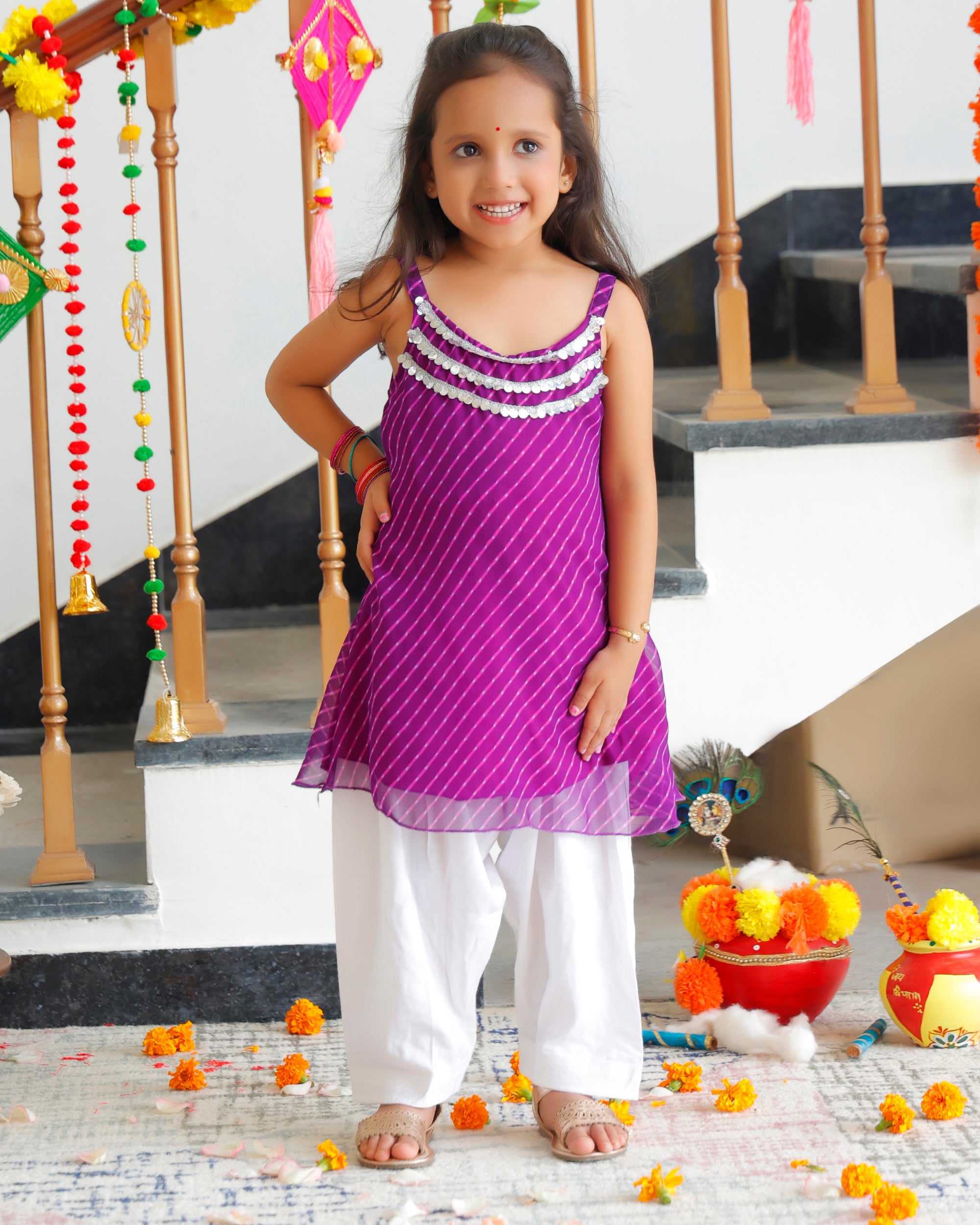 Kids Purple Leheriya Kurta Set