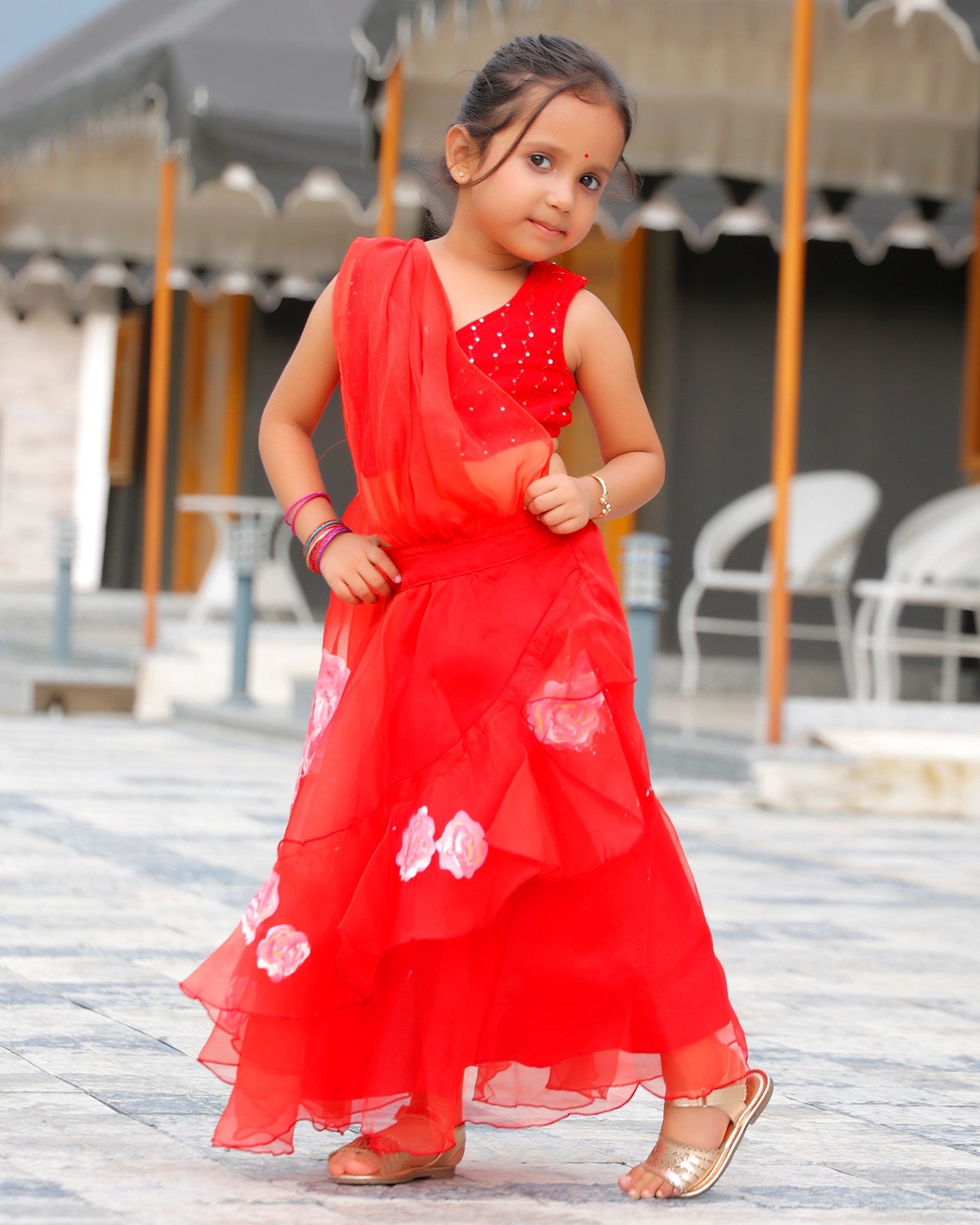 Kids Fin Red Flared Ready to Wear Saree