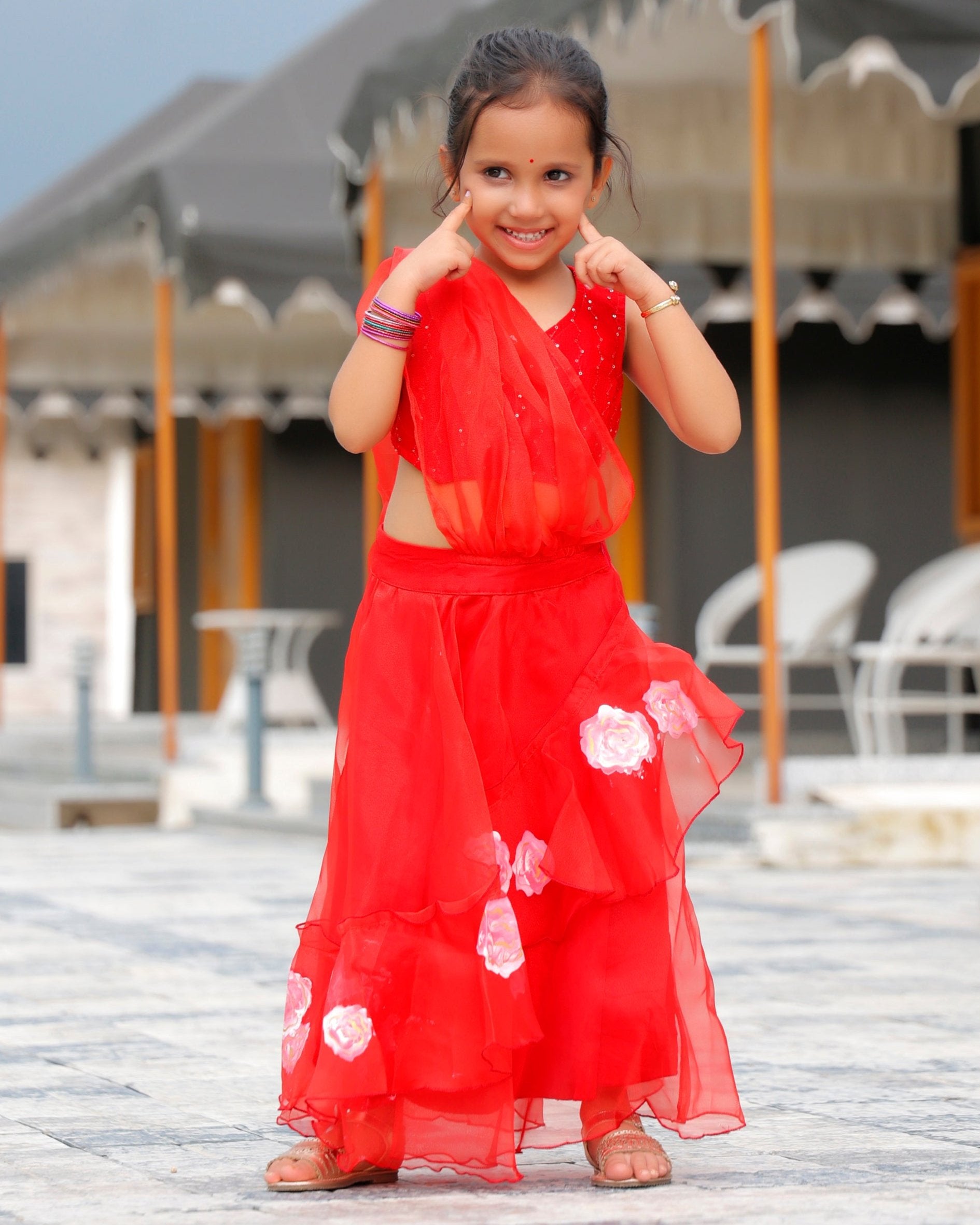 Kids Fin Red Flared Ready to Wear Saree