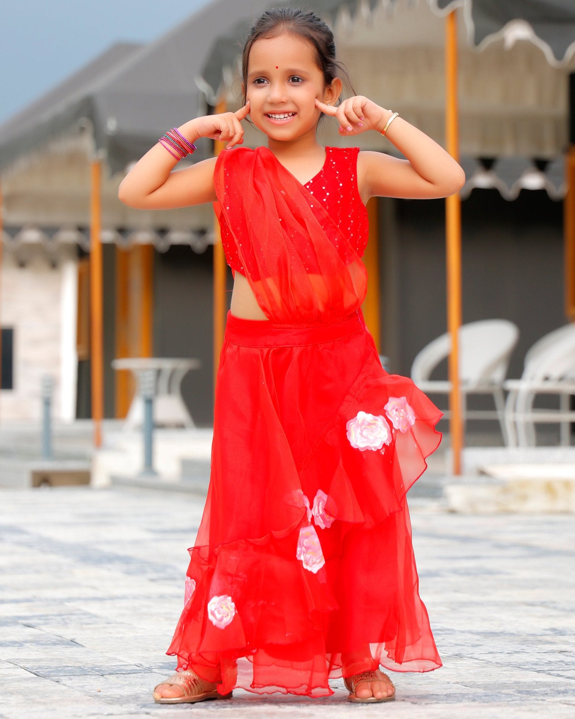 Kids Fin Red Flared Ready to Wear Saree