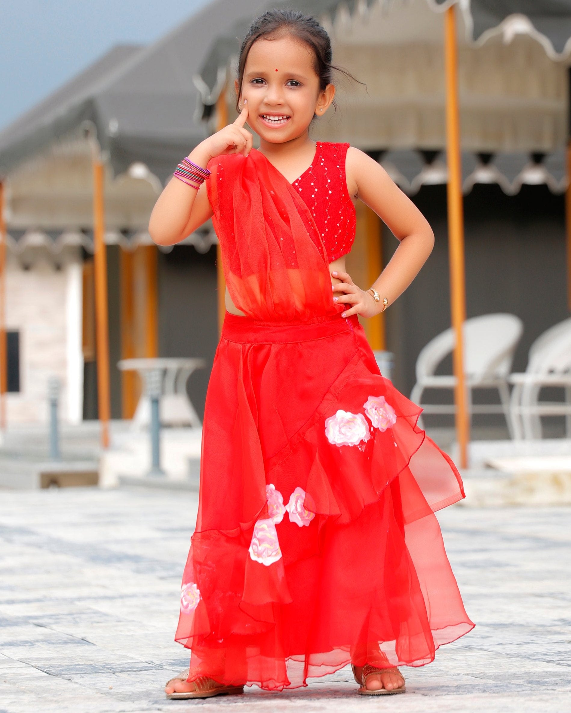 Kids Fin Red Flared Ready to Wear Saree