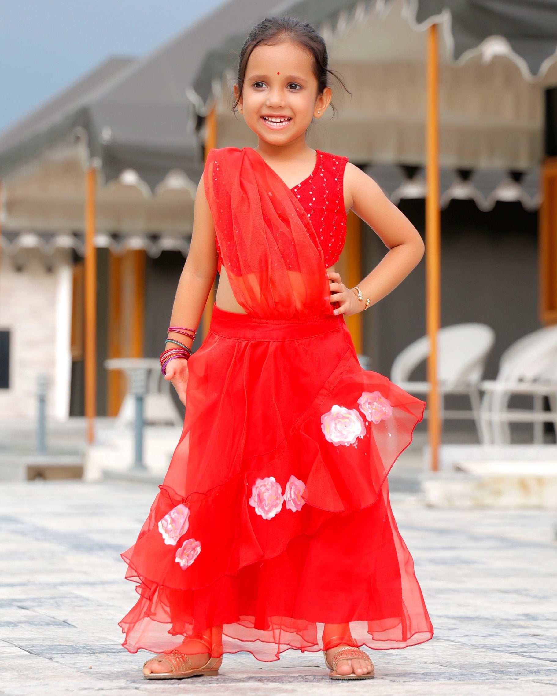 Kids Fin Red Flared Ready to Wear Saree