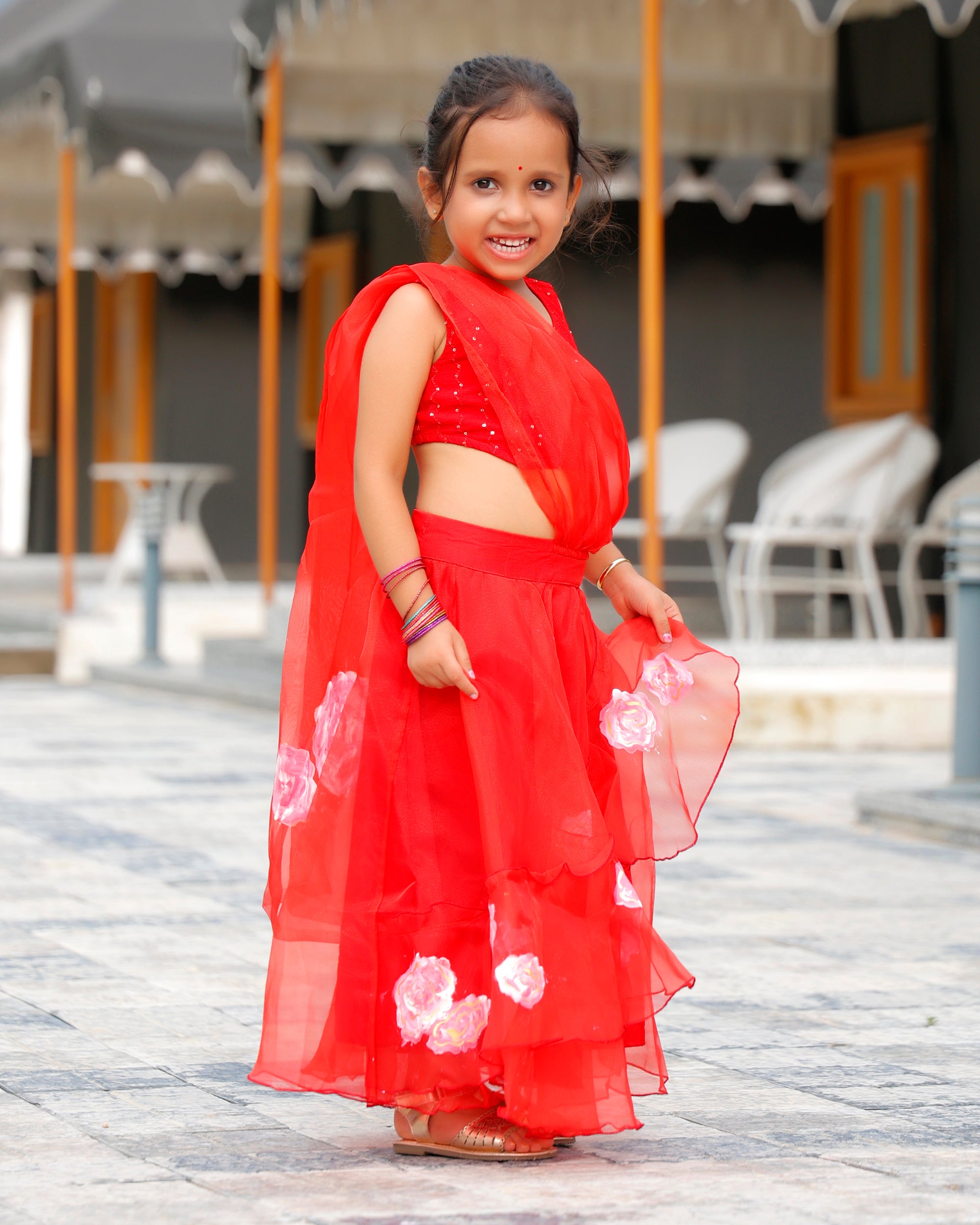 Kids Fin Red Flared Ready to Wear Saree