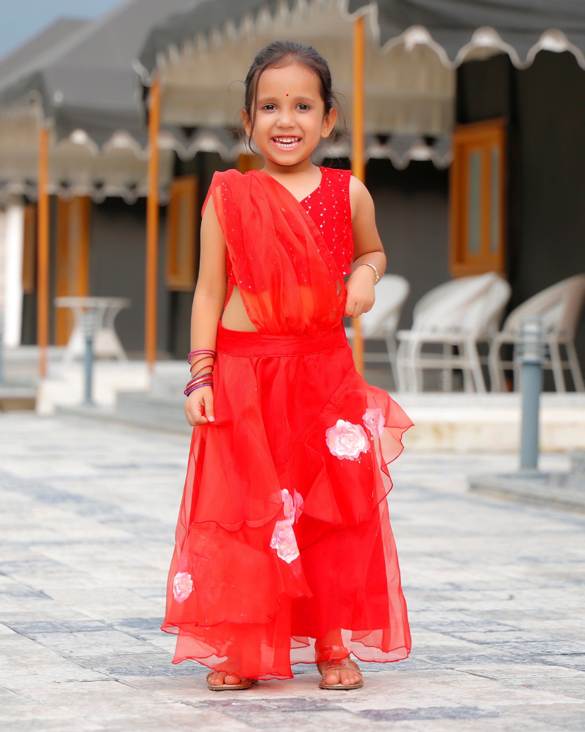 Kids Fin Red Flared Ready to Wear Saree