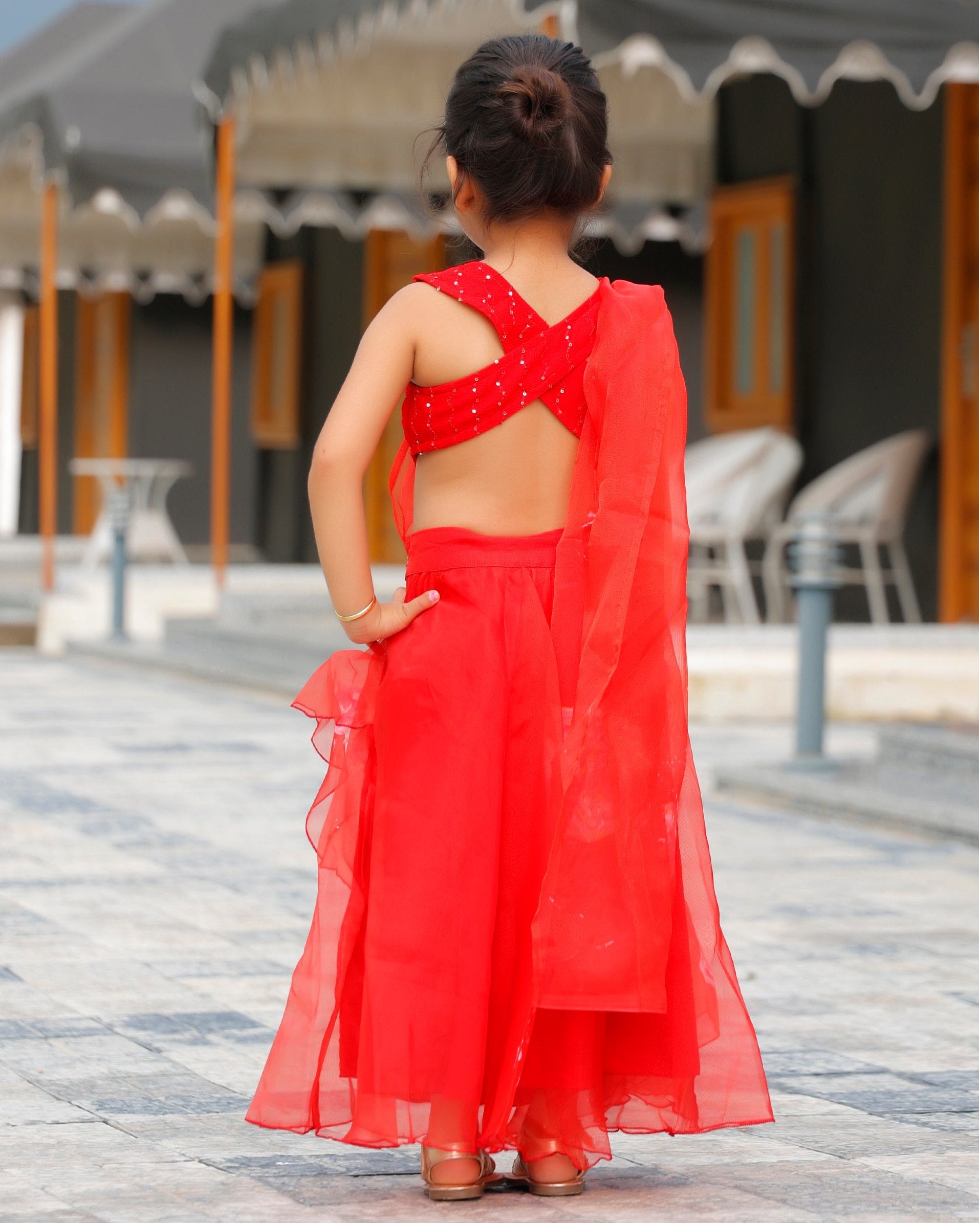 Kids Fin Red Flared Ready to Wear Saree