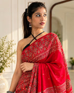 Ruhani Red Ajrakh Modal satin Handwork Saree