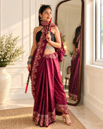 Ruhani Burgundy Ajrakh Modal satin Handwork Saree