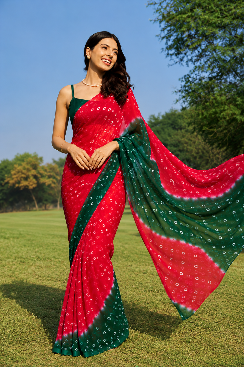 Mahira Red Green Bandhani Chiffon Saree