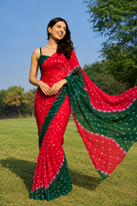 Mahira Red Green Bandhani Chiffon Saree
