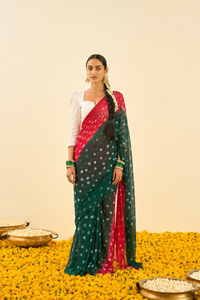 Mahira Red Green Bandhani Chiffon Saree