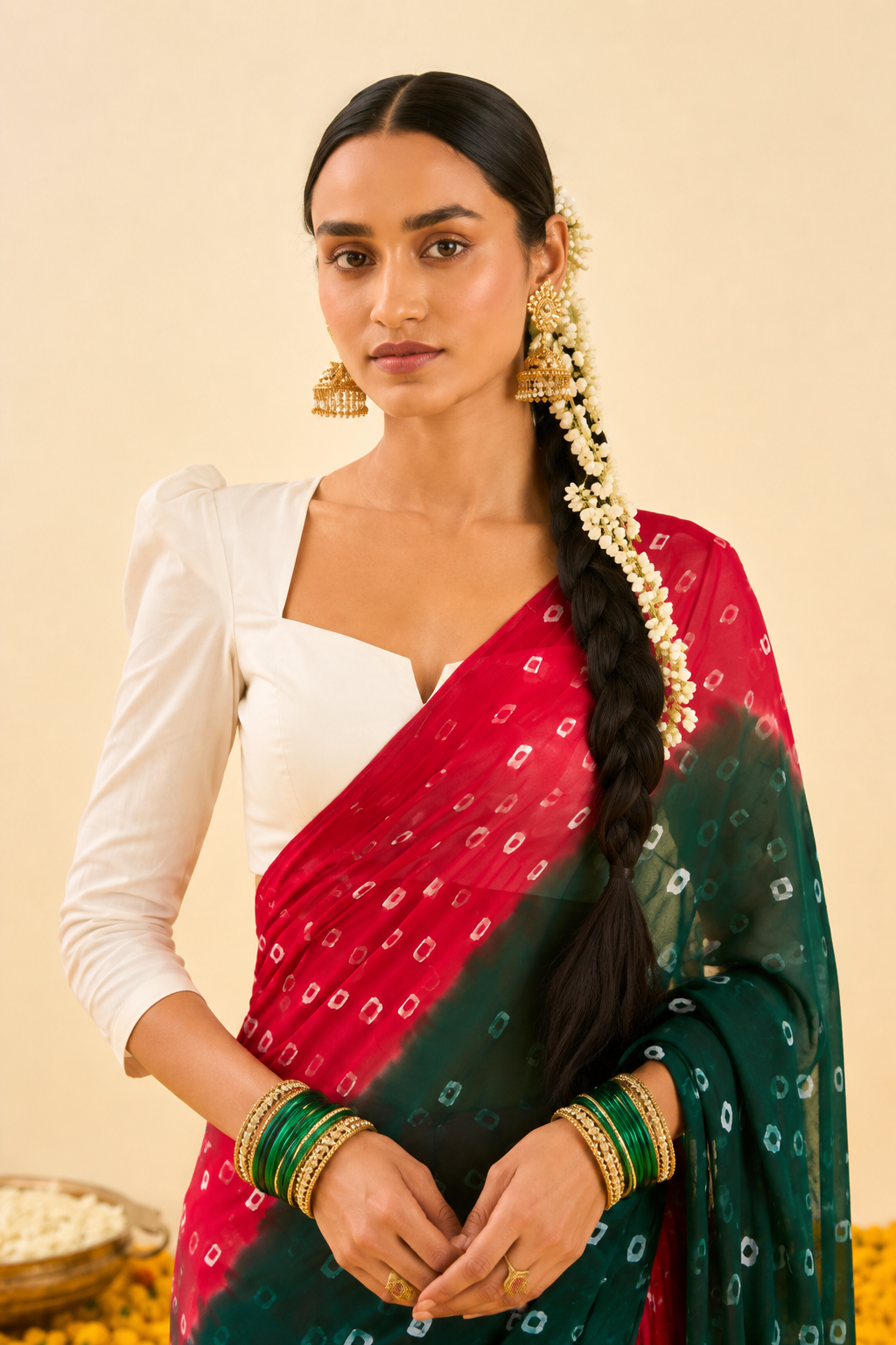 Mahira Red Green Bandhani Chiffon Saree