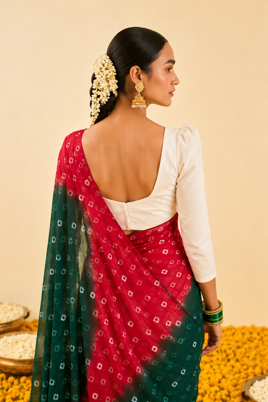 Mahira Red Green Bandhani Chiffon Saree