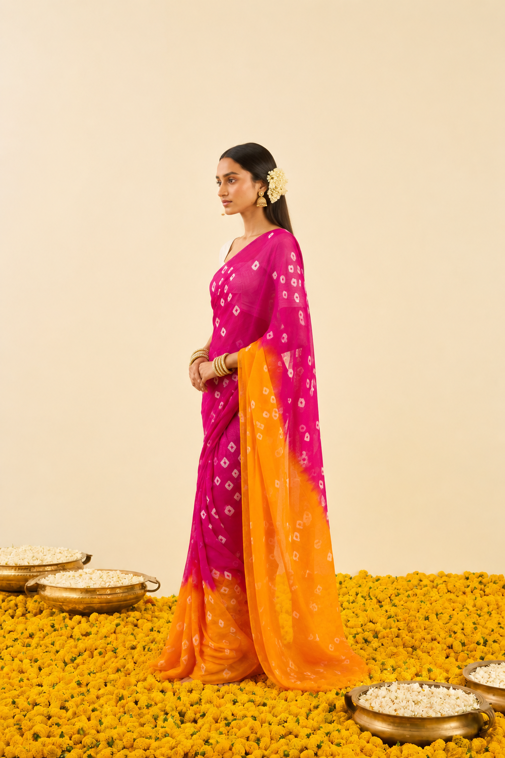 Aavya Yellow Pink Bandhani Chiffon Saree