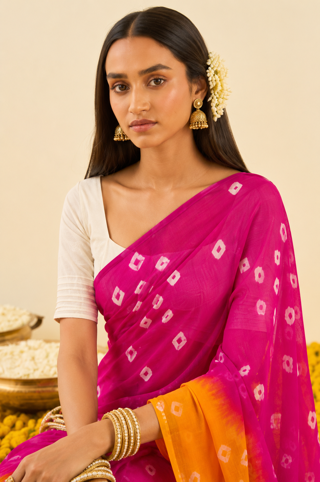 Aavya Yellow Pink Bandhani Chiffon Saree