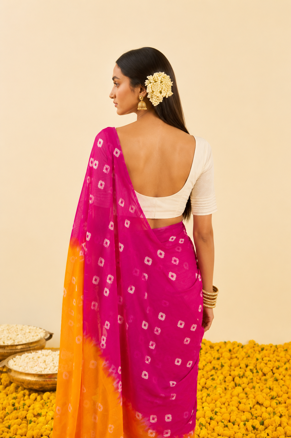 Aavya Yellow Pink Bandhani Chiffon Saree