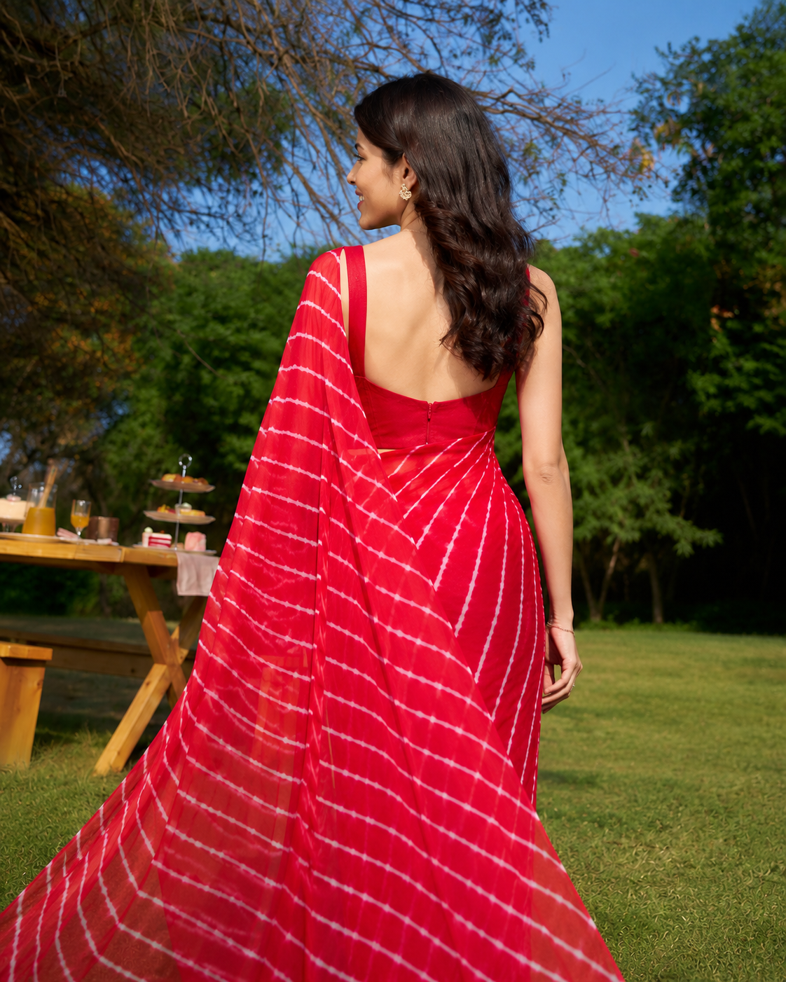 Ruhani Red Lehariya Chiffon Saree