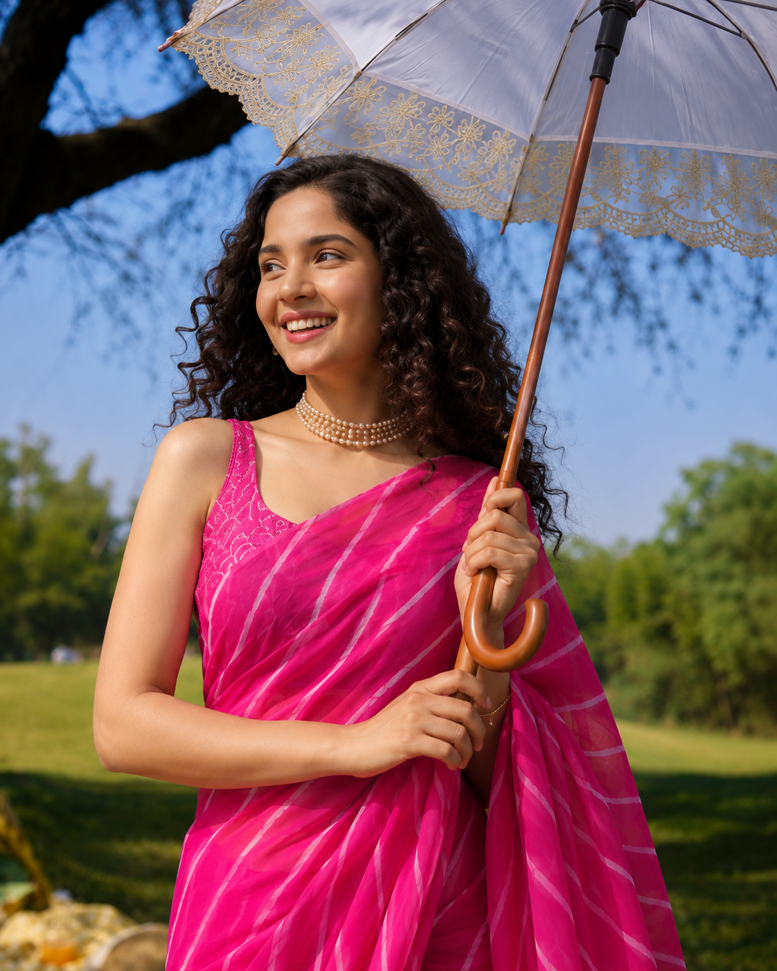 Alya Pink Leheriya Chiffon Saree