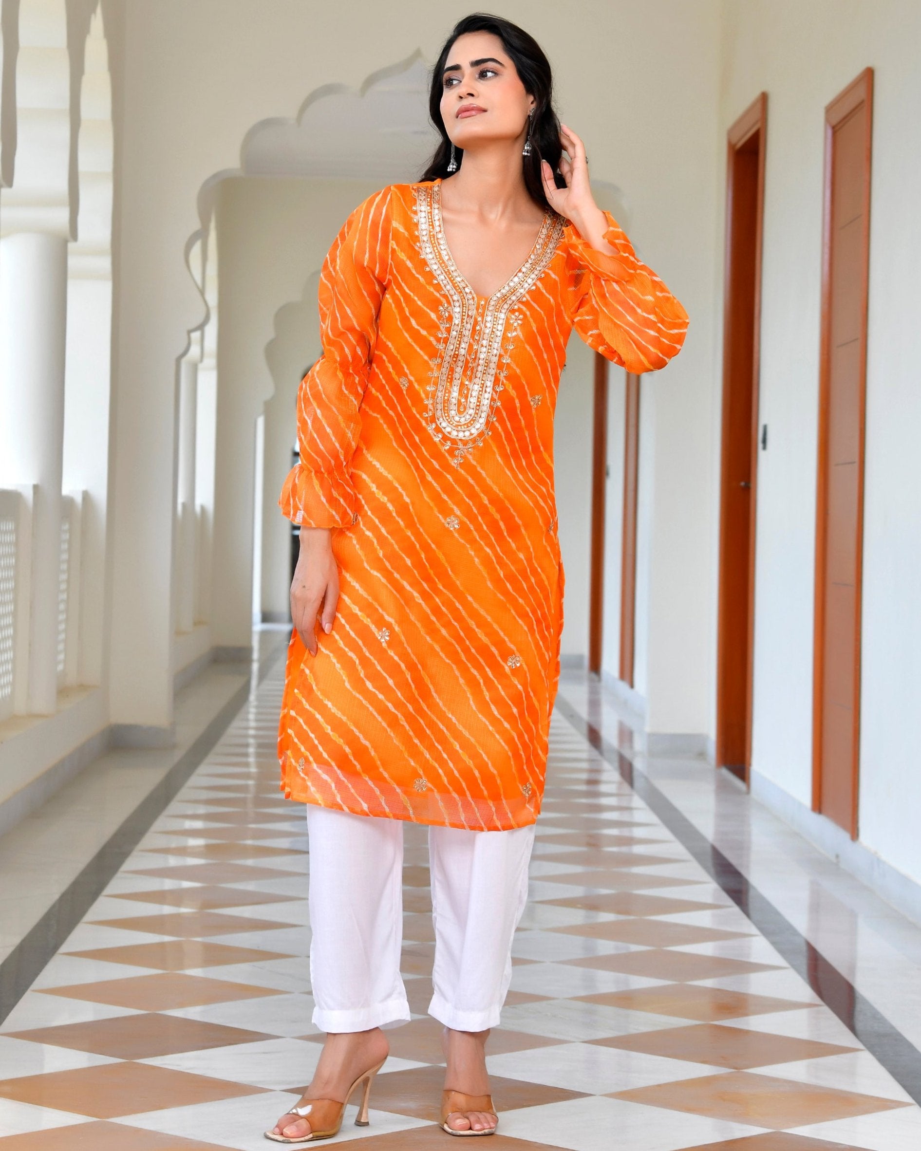 Rust Orange Leheriya Kurta Set