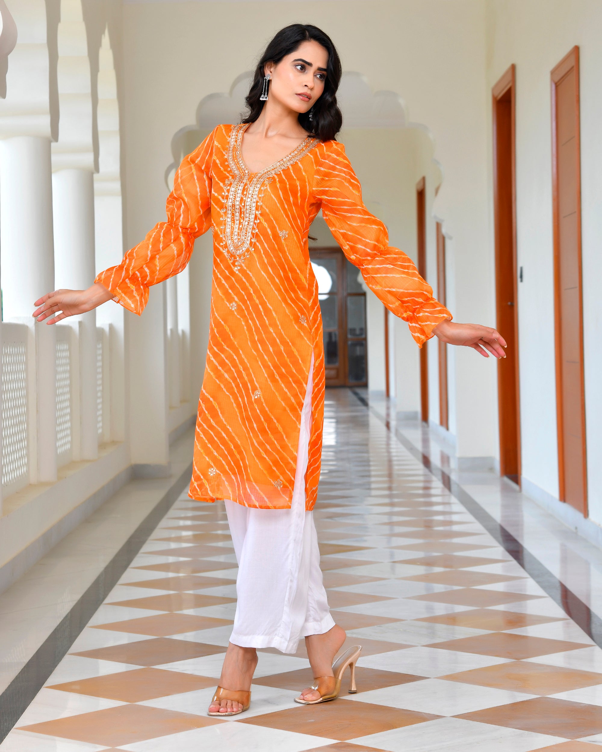 Rust Orange Leheriya Kurta Set