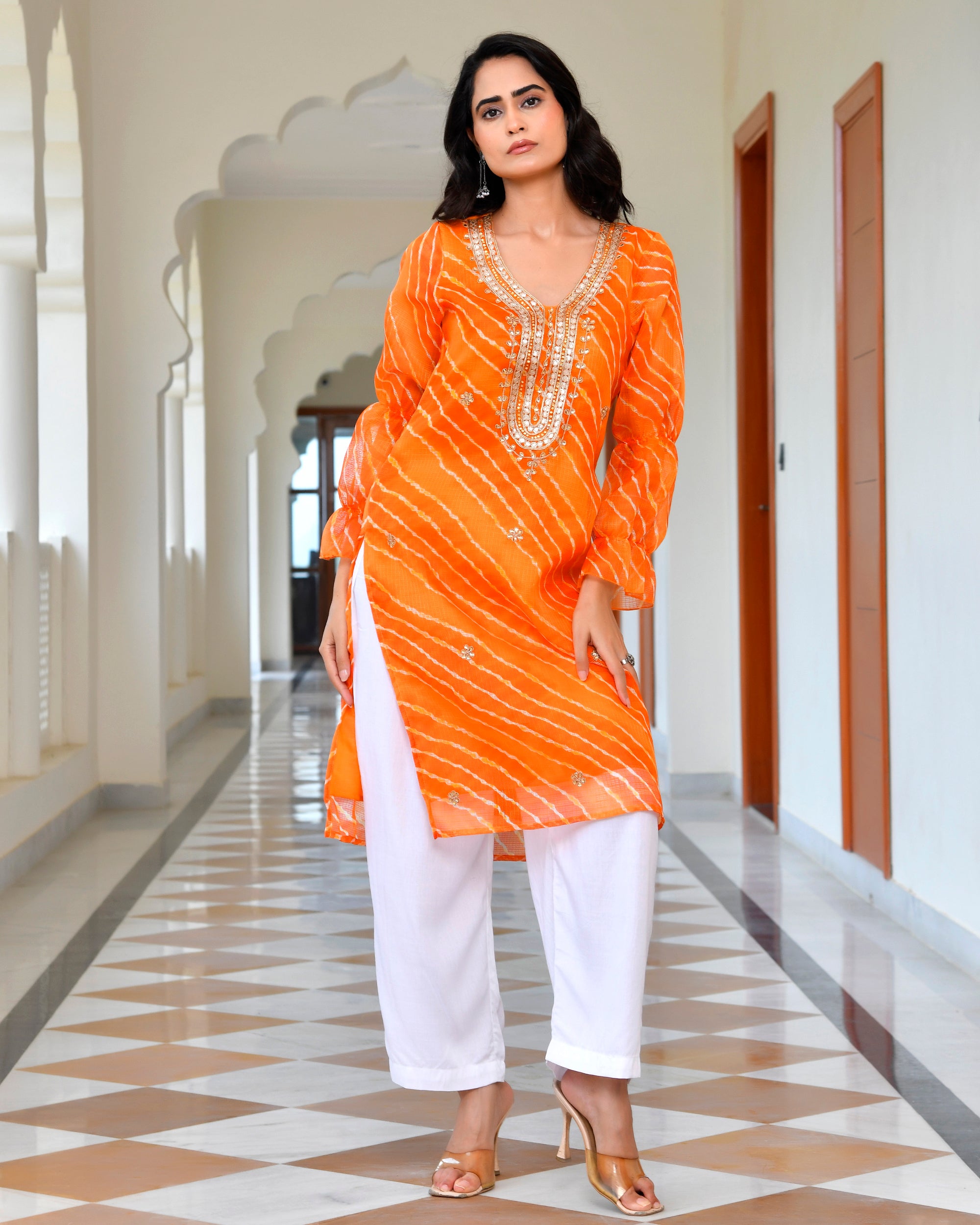 Rust Orange Leheriya Kurta Set