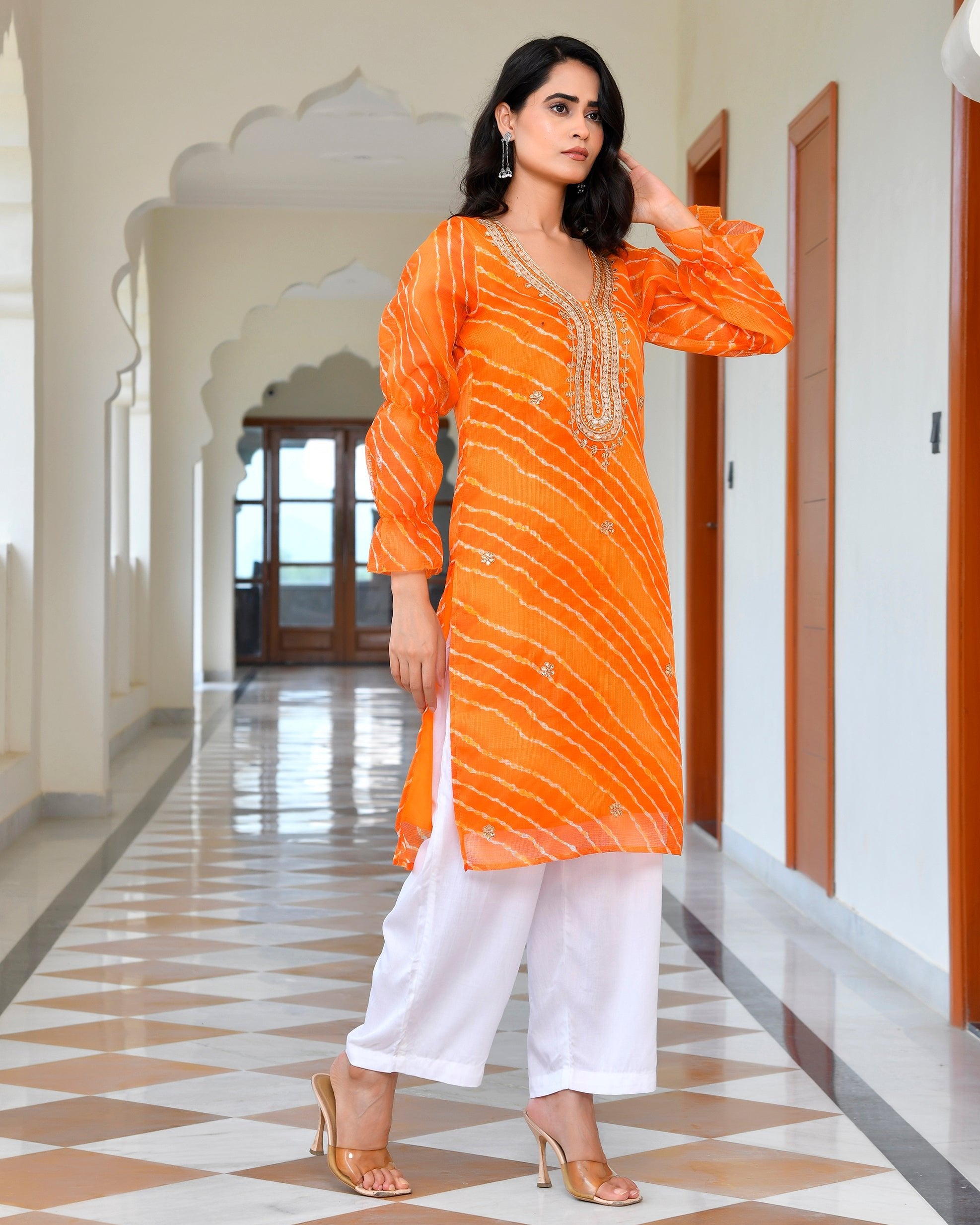 Rust Orange Leheriya Kurta Set