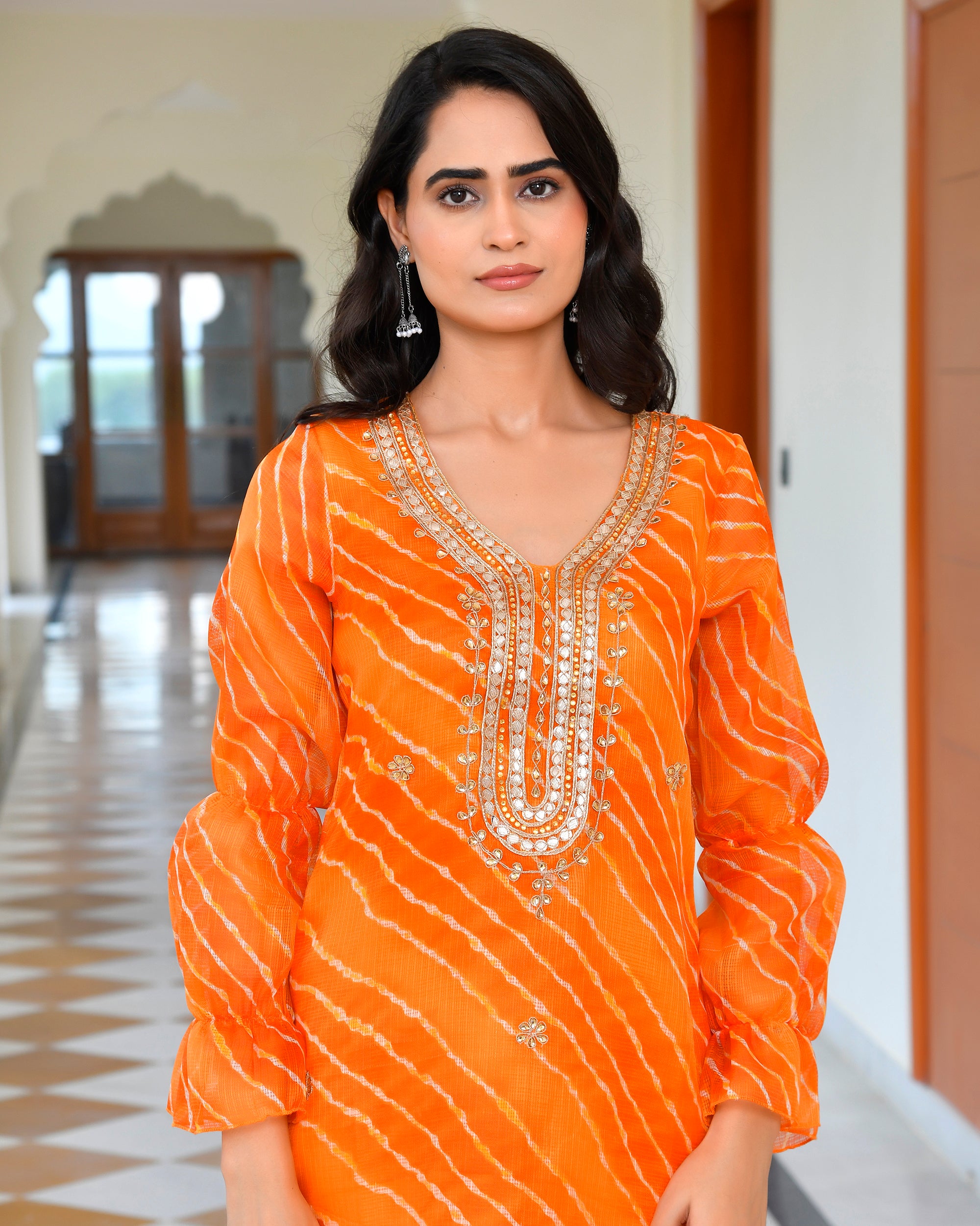 Rust Orange Leheriya Kurta Set