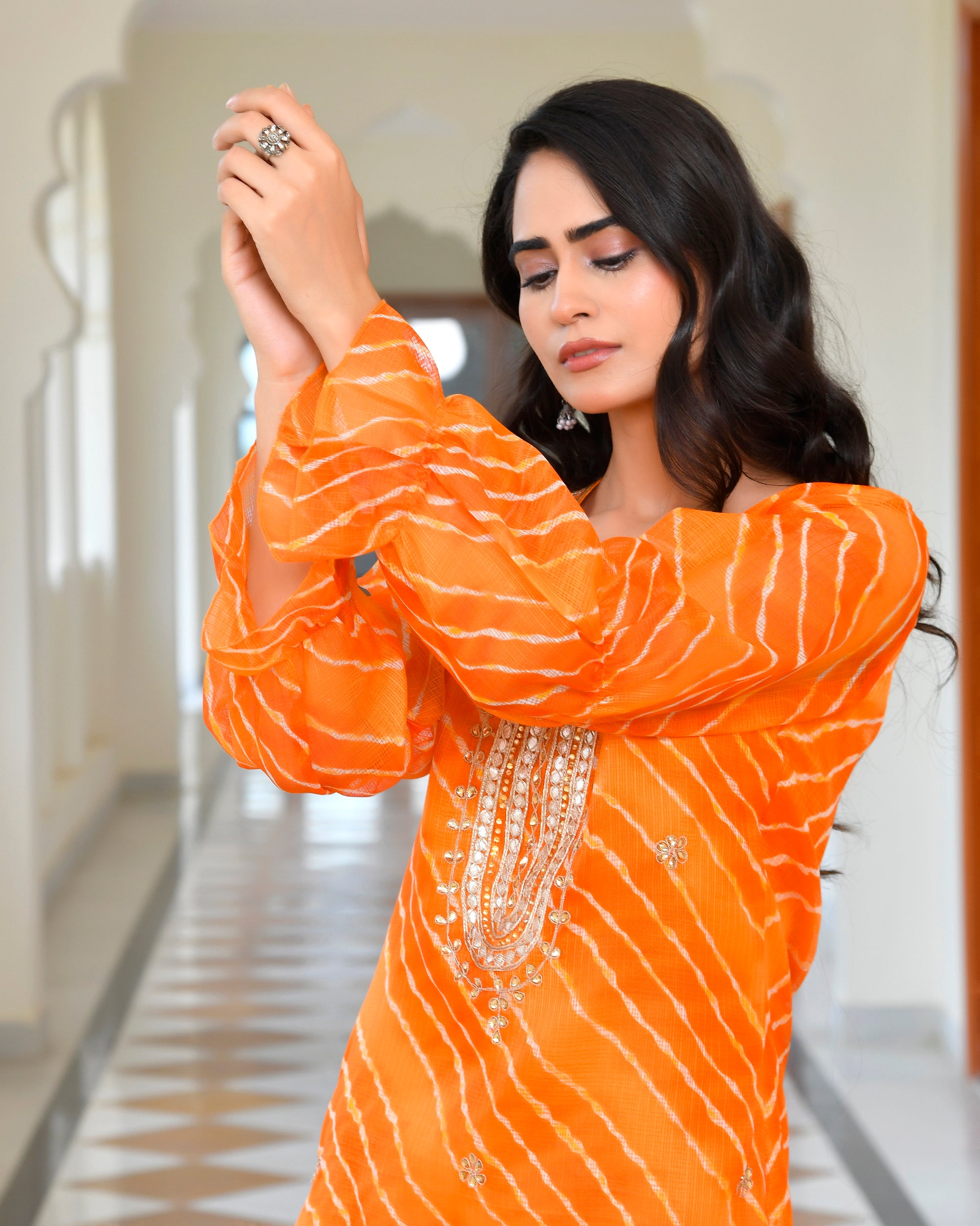 Rust Orange Leheriya Kurta Set