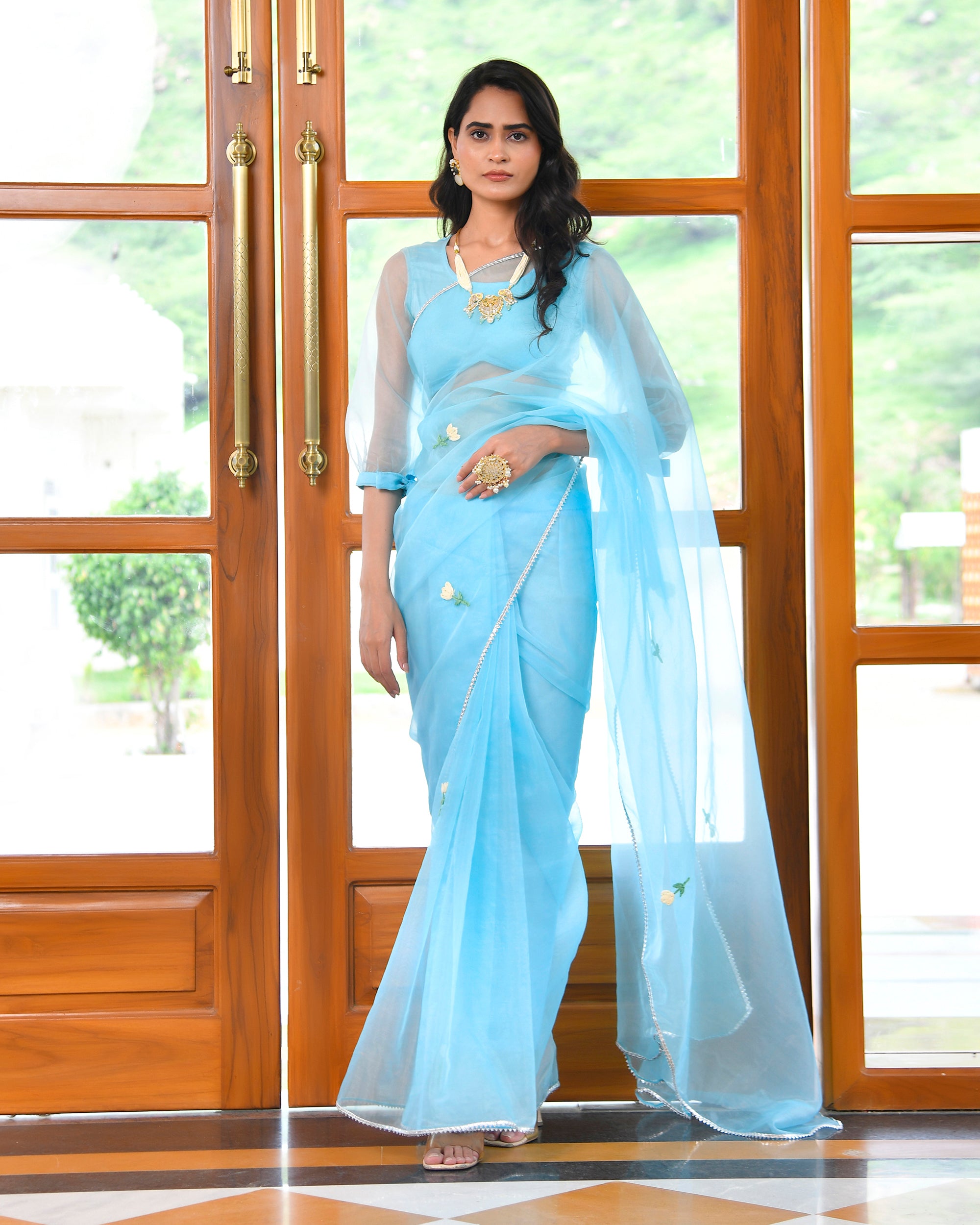 Whale Blue Organza Embroidered Saree