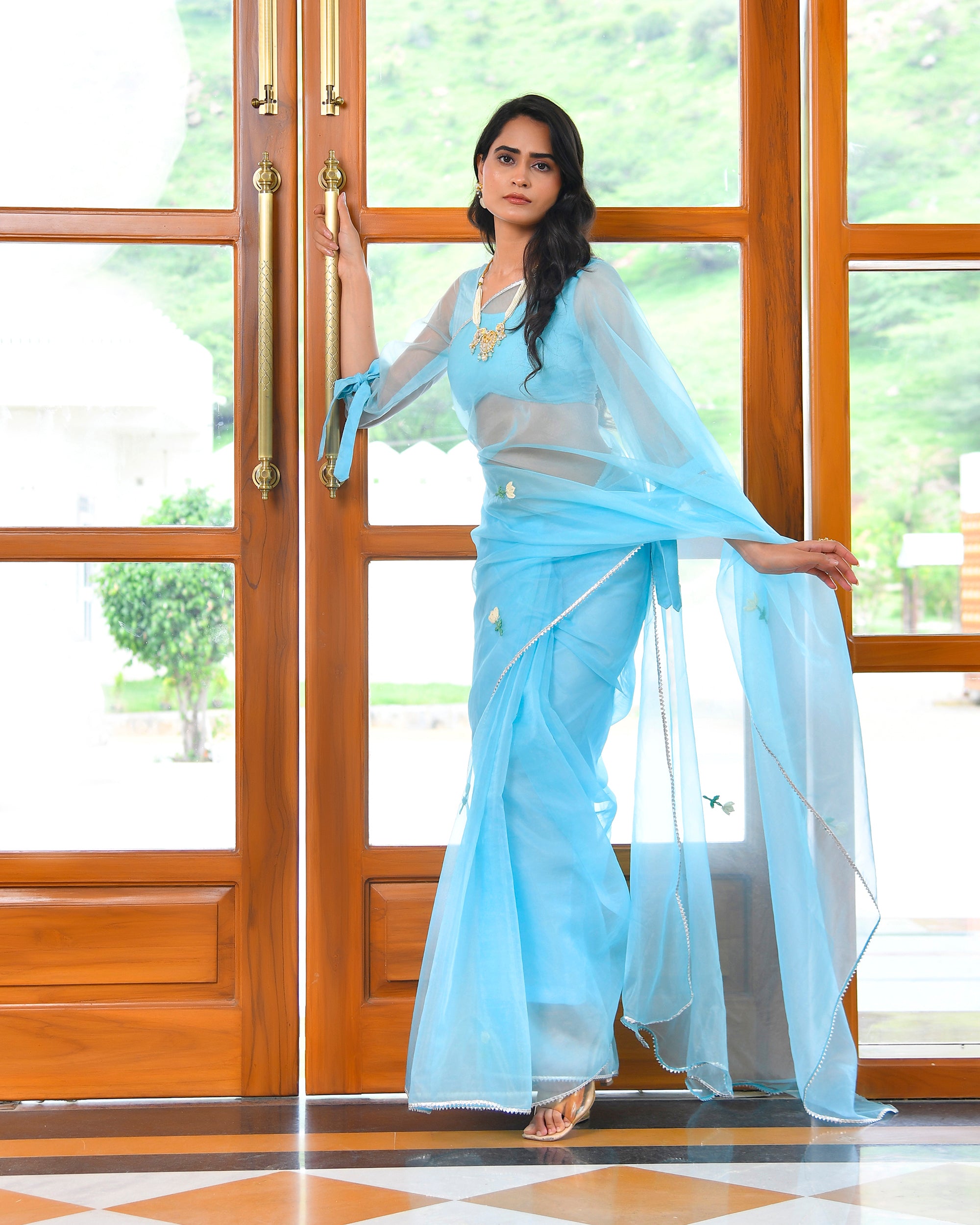 Whale Blue Organza Embroidered Saree