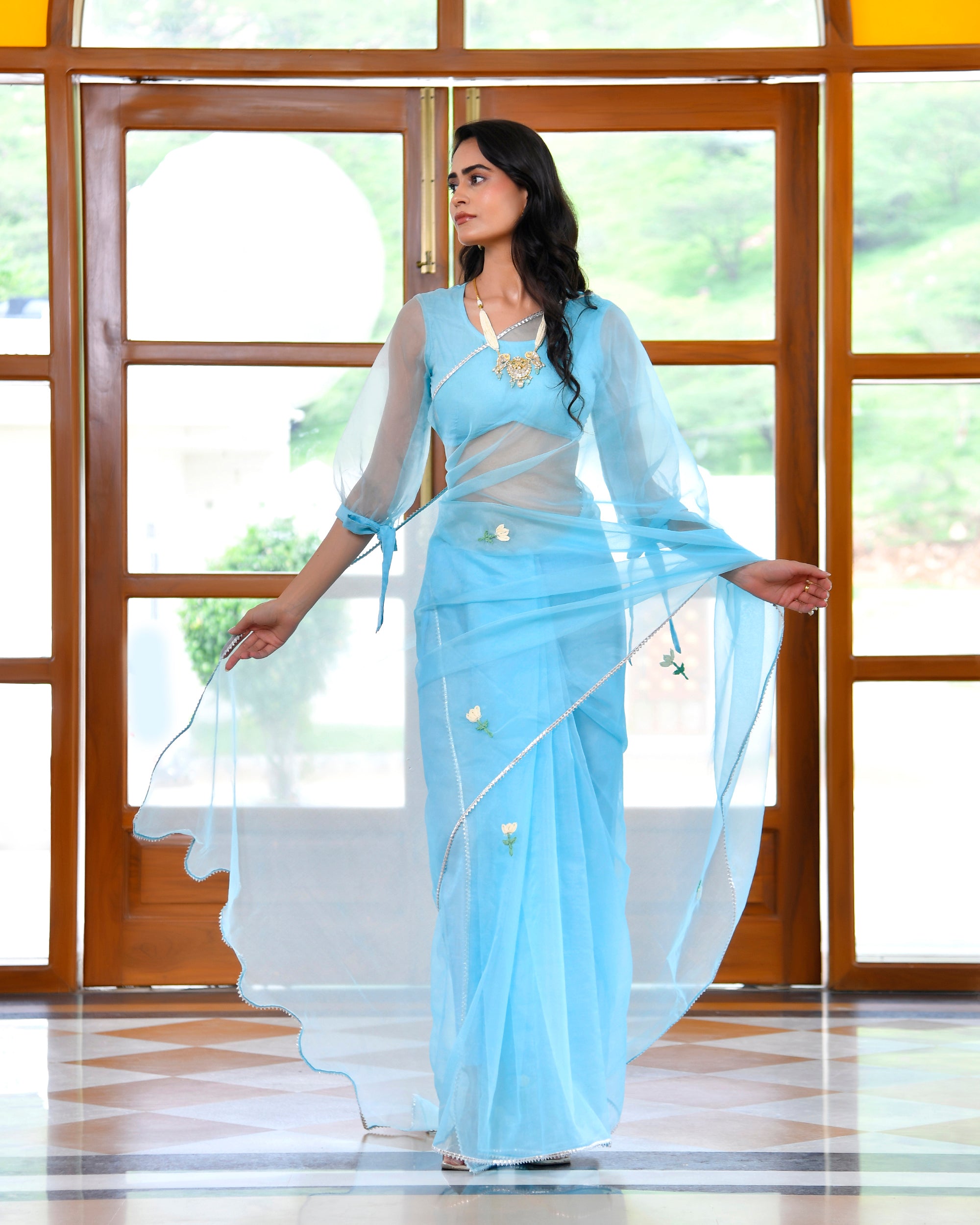 Whale Blue Organza Embroidered Saree